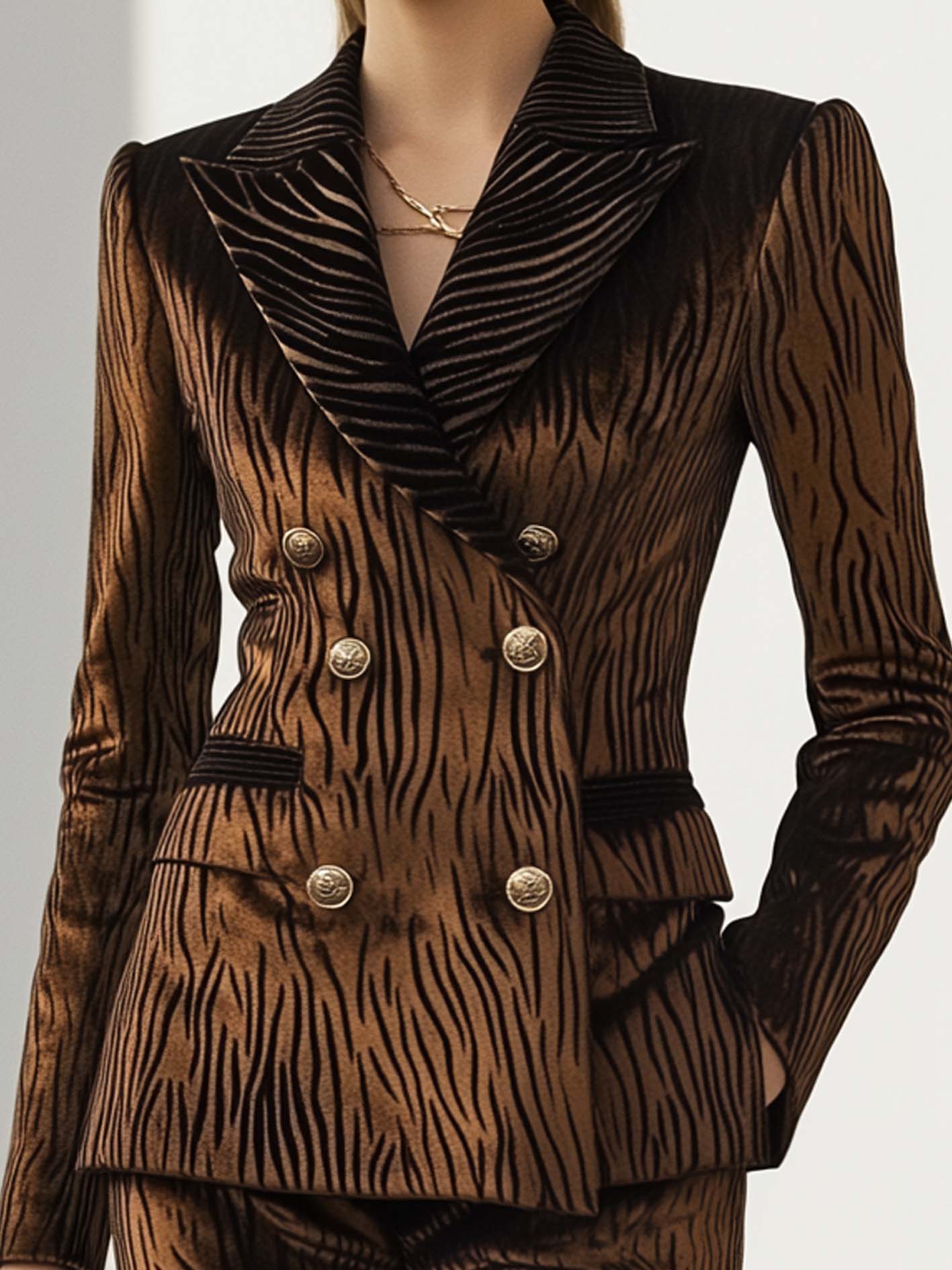 Double-breasted Brown Velvet Blazer With Zebra Print