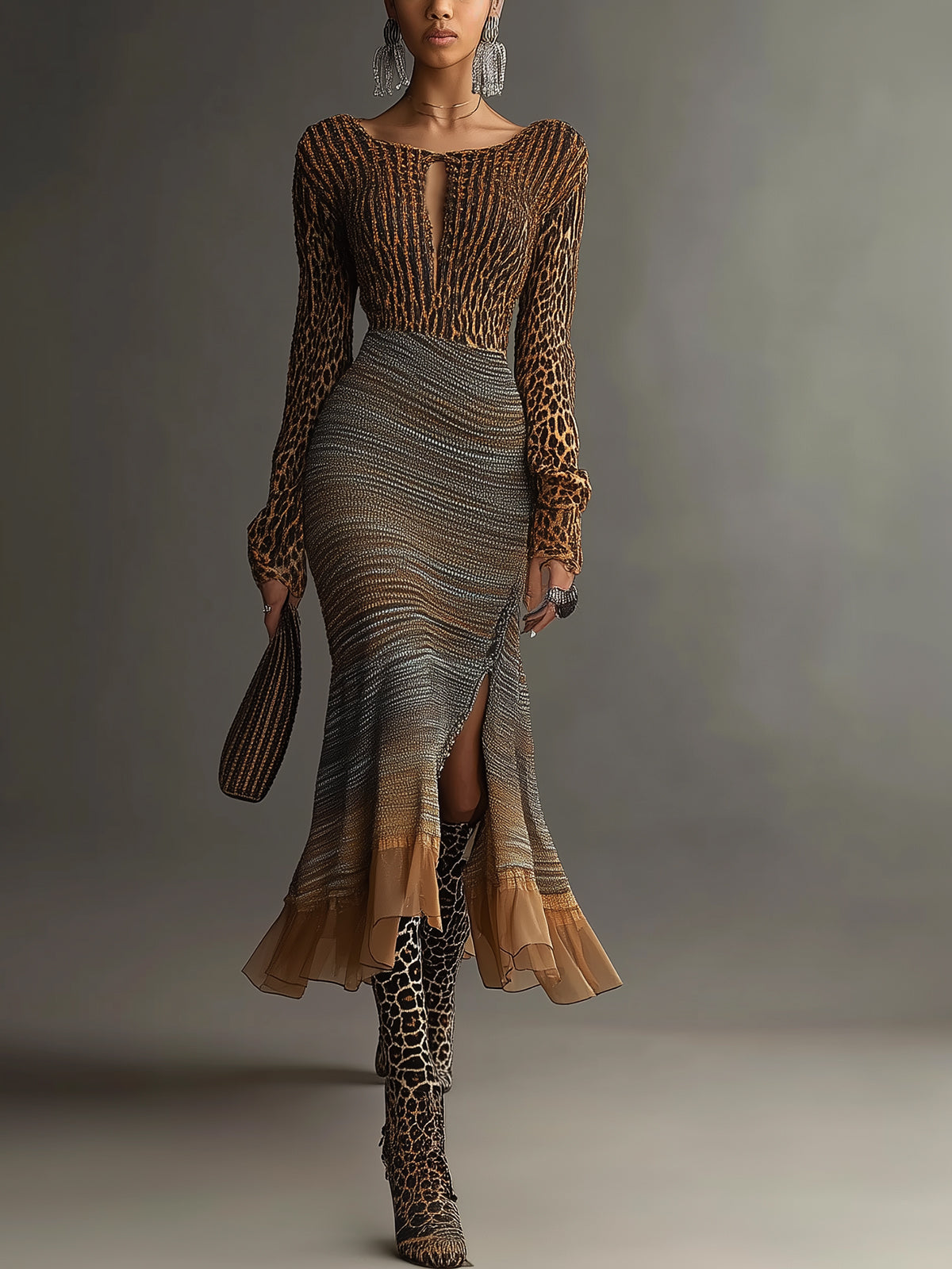 Leopard Print Dress With Ombre Skirt And Ruffled Hem