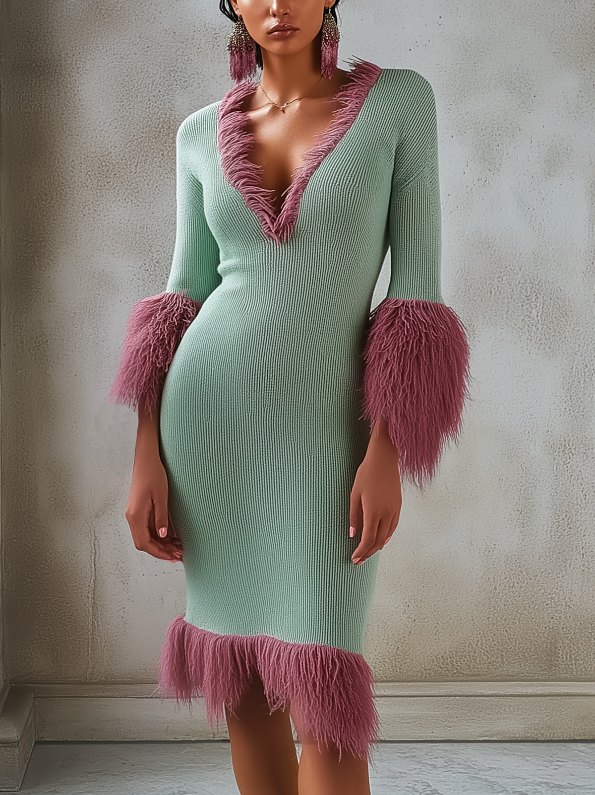Green Ribbed Knit Midi Dress With Pink Fuzzy Piping