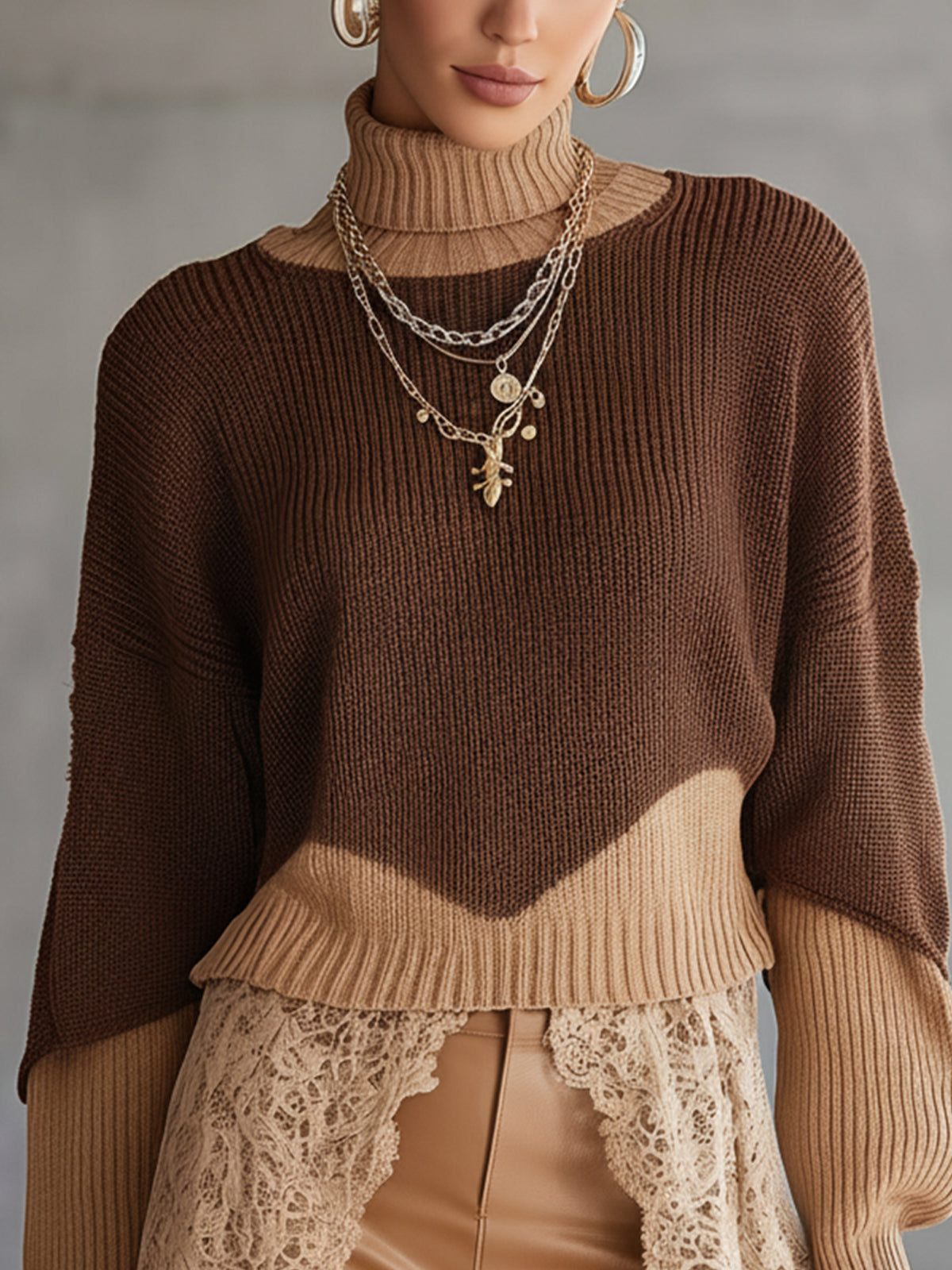 Brown Colorblock Knit Lace Patchwork Asymmetrical Hem Sweater