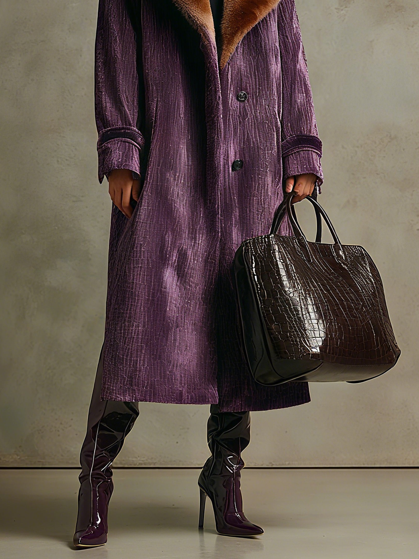 Purple Velvet Long Coat With Eco Friendly Faux Fur Collar