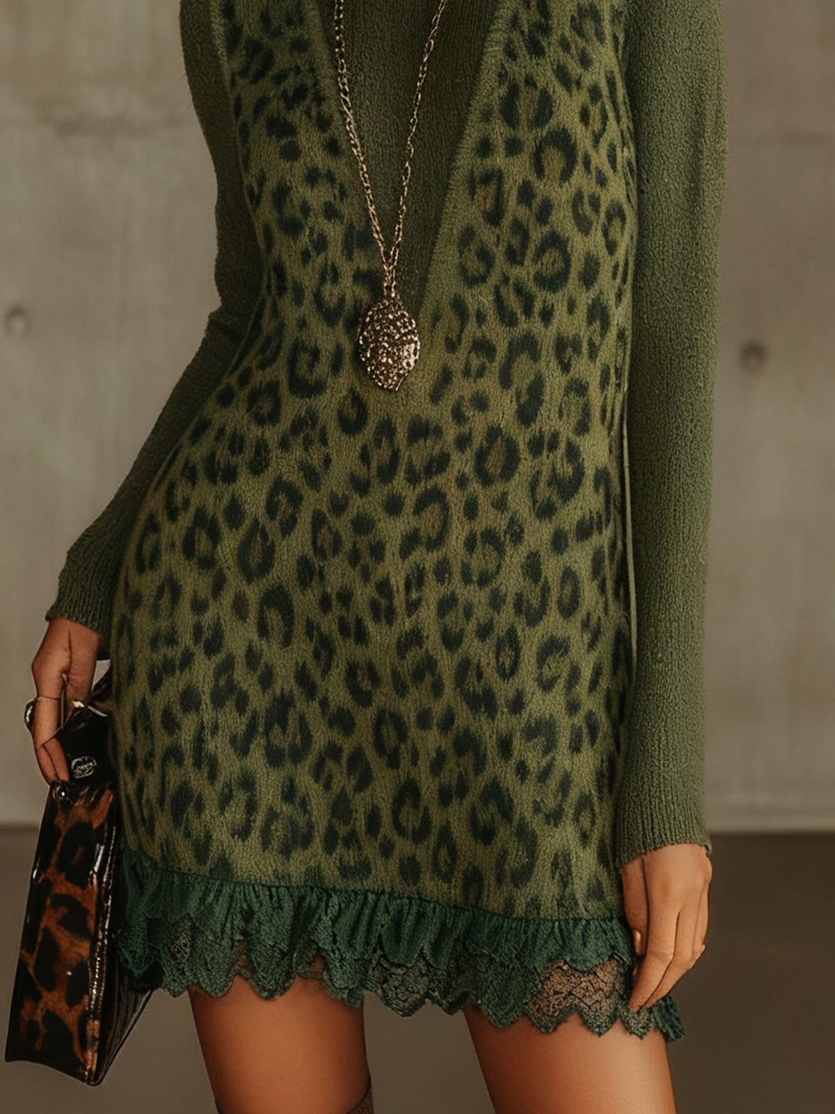 Green Leopard Print Knit Mini Dress With Sweater Set