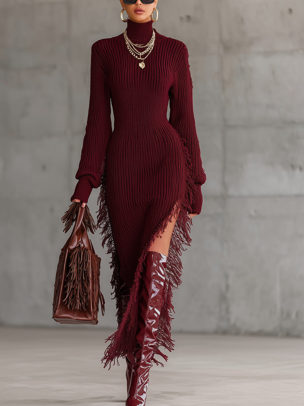 Wine Red Turtleneck Asymmetrical Fringe Knit Sweater Dress