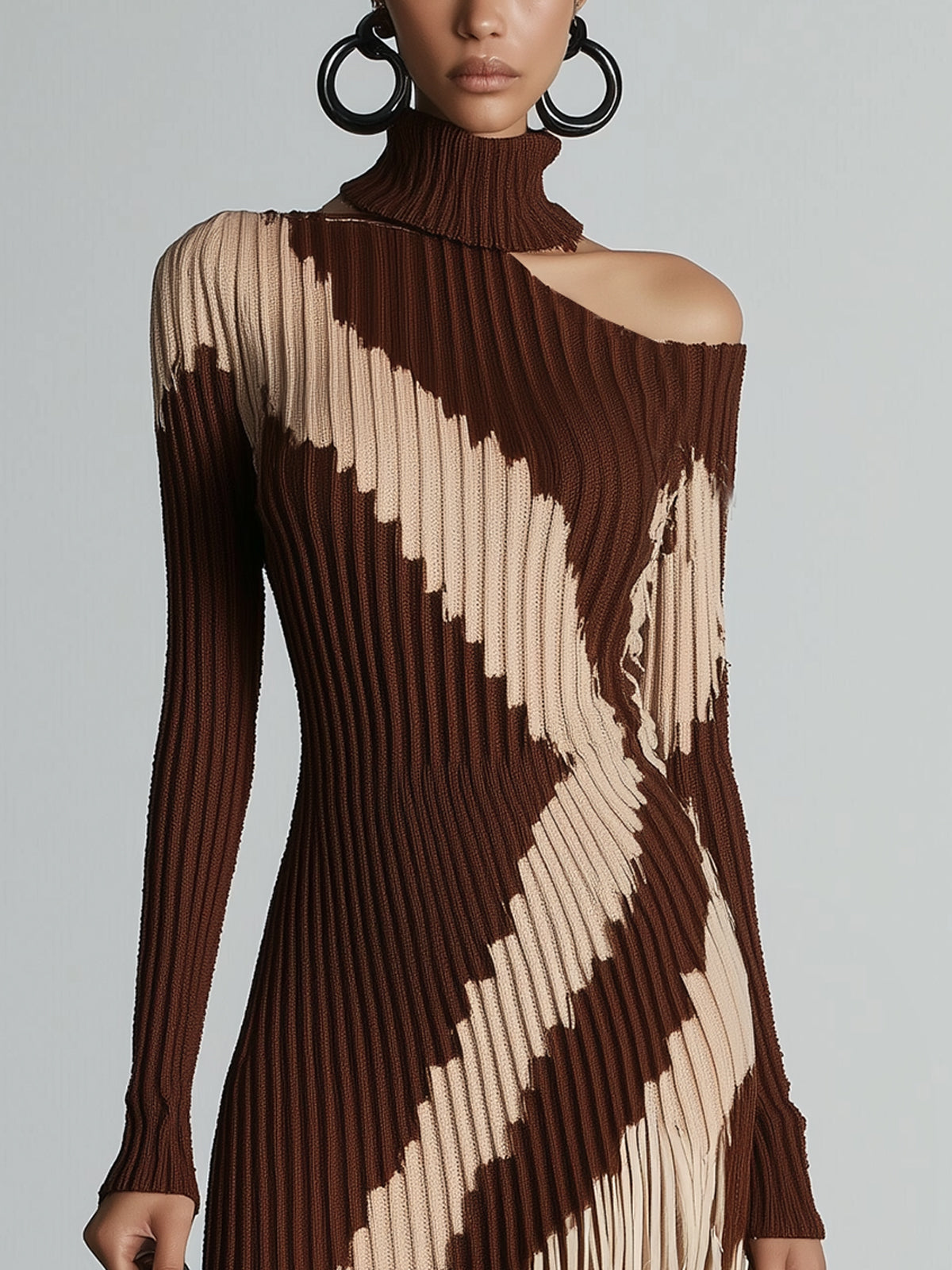 Asymmetric Ribbed Knit Dress With Fringe And Cutout Detail
