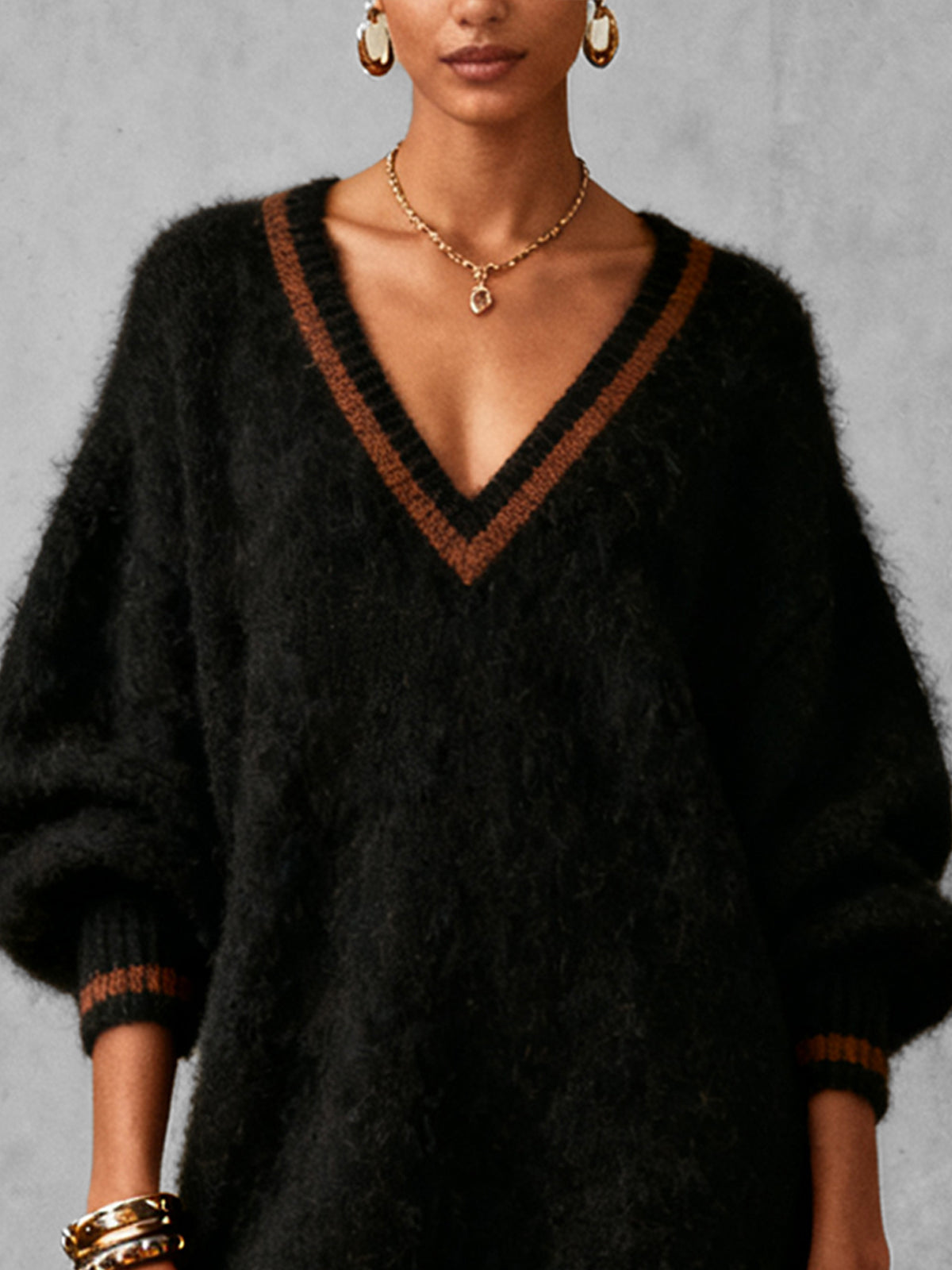 Black Fuzzy Knit V-Neck Sweater Dress With Fringe Hem