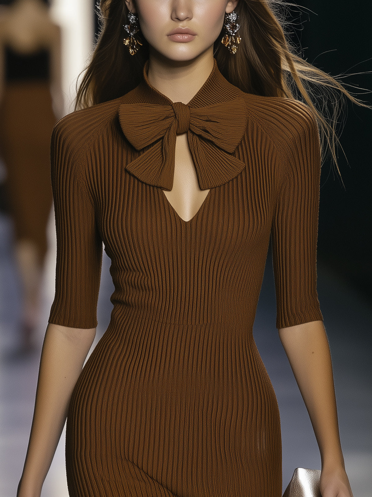Brown Ribbed Knit Structured Bow High Neck Half Sleeve Midi Dress