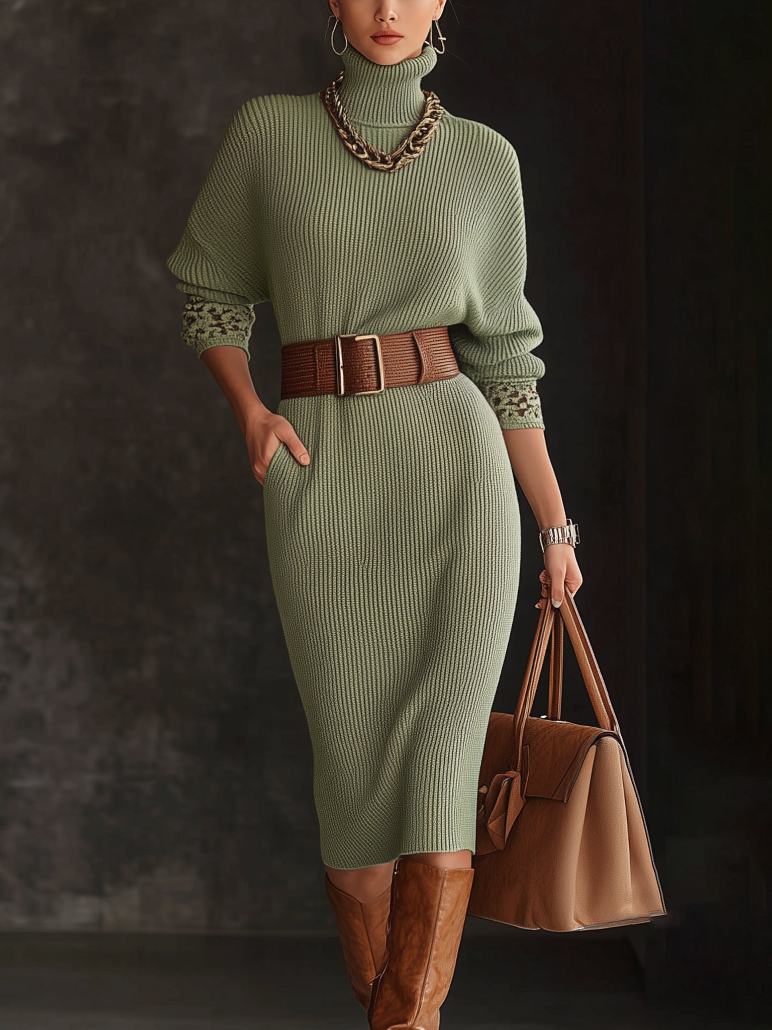 Sage Ribbed Knit Turtleneck Long Sleeve Midi Dress With Belt