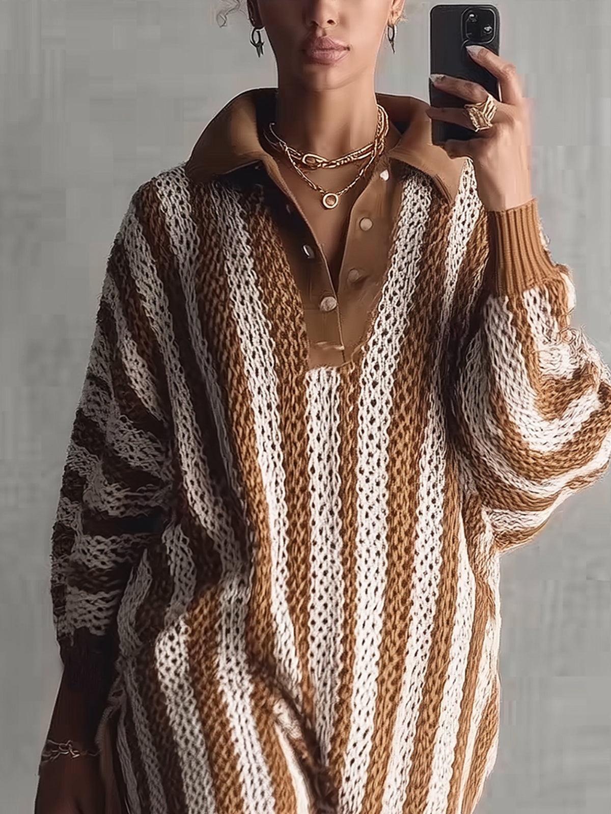 Camel And Cream Striped Knit Polo Sweater Dress