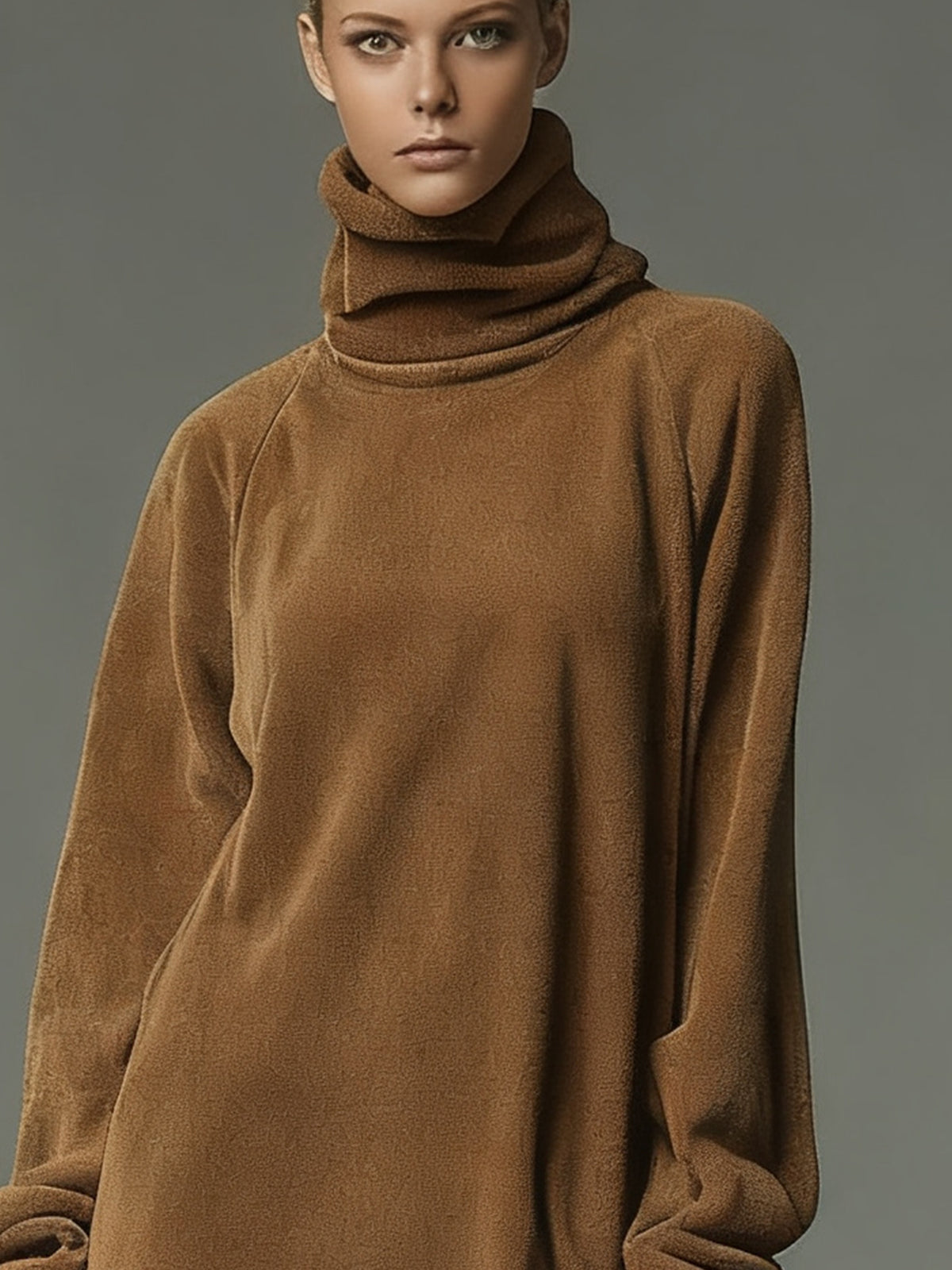 Brown Turtleneck Faux Suede Casual Dress