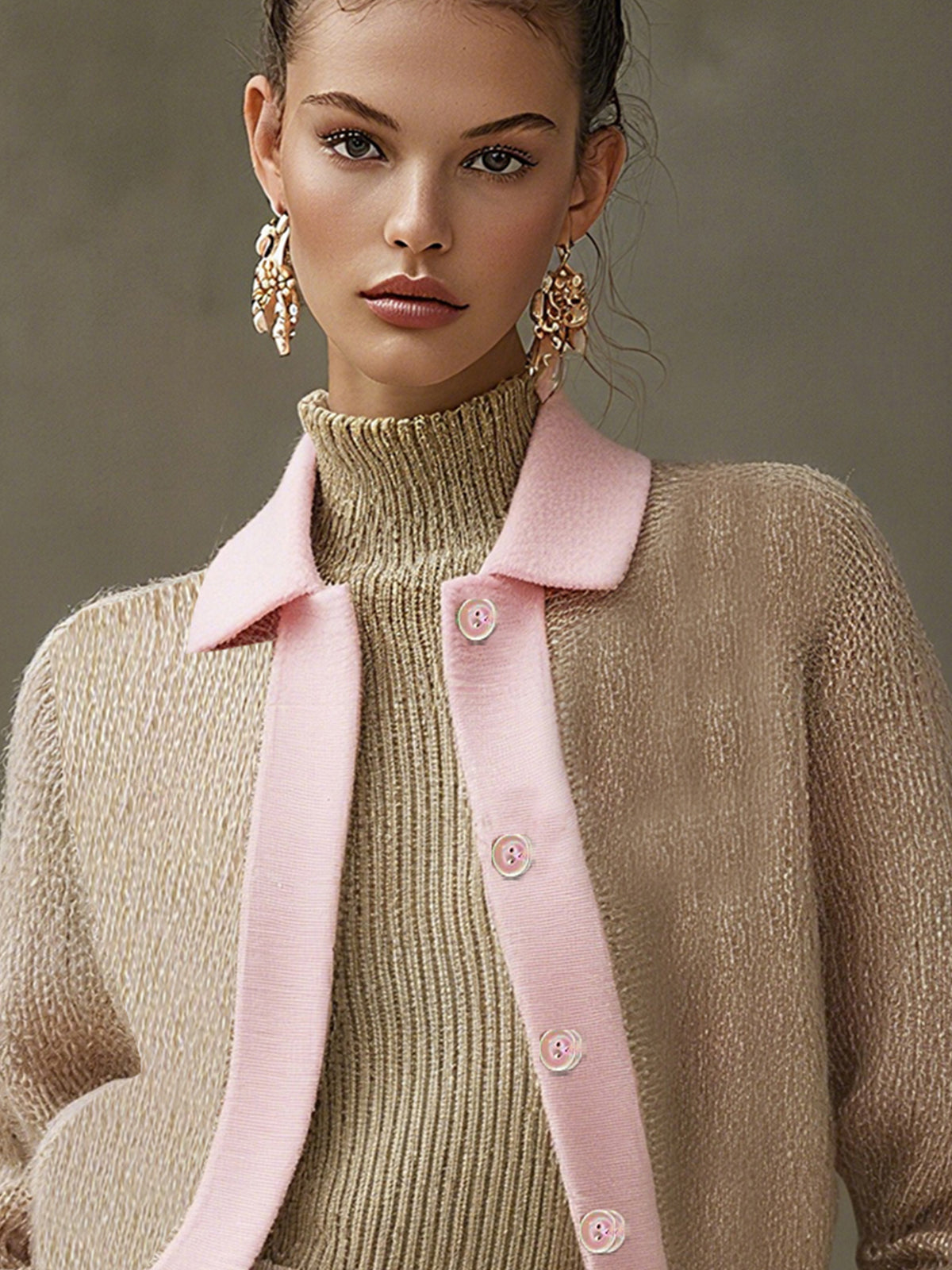 Beige And Pink Contrast Button-Up Knit Cardigan