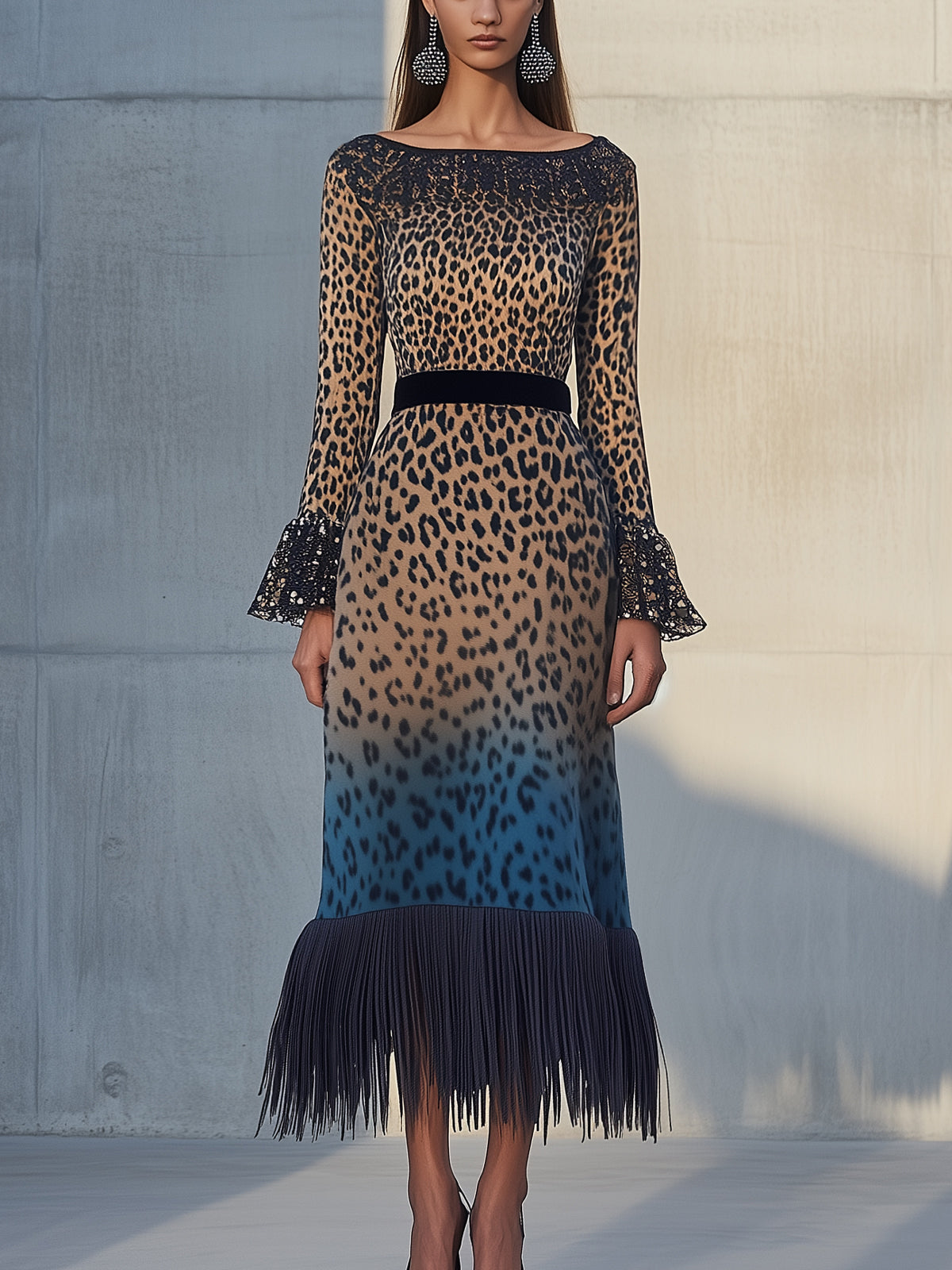 Brown Leopard Print Ombre Gradient Lace Detail Boat Neck Long Sleeve Midi Dress