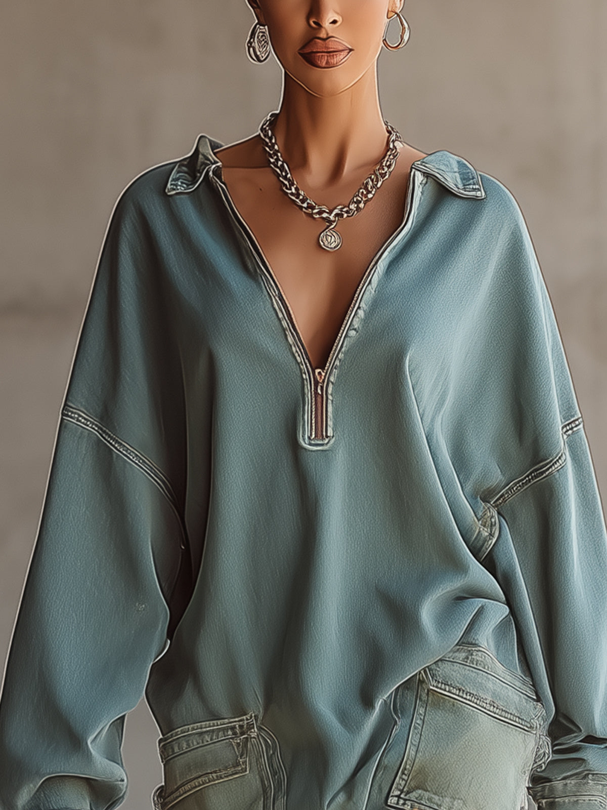 Light Blue Zip Collar Oversized Denim Mini Dress