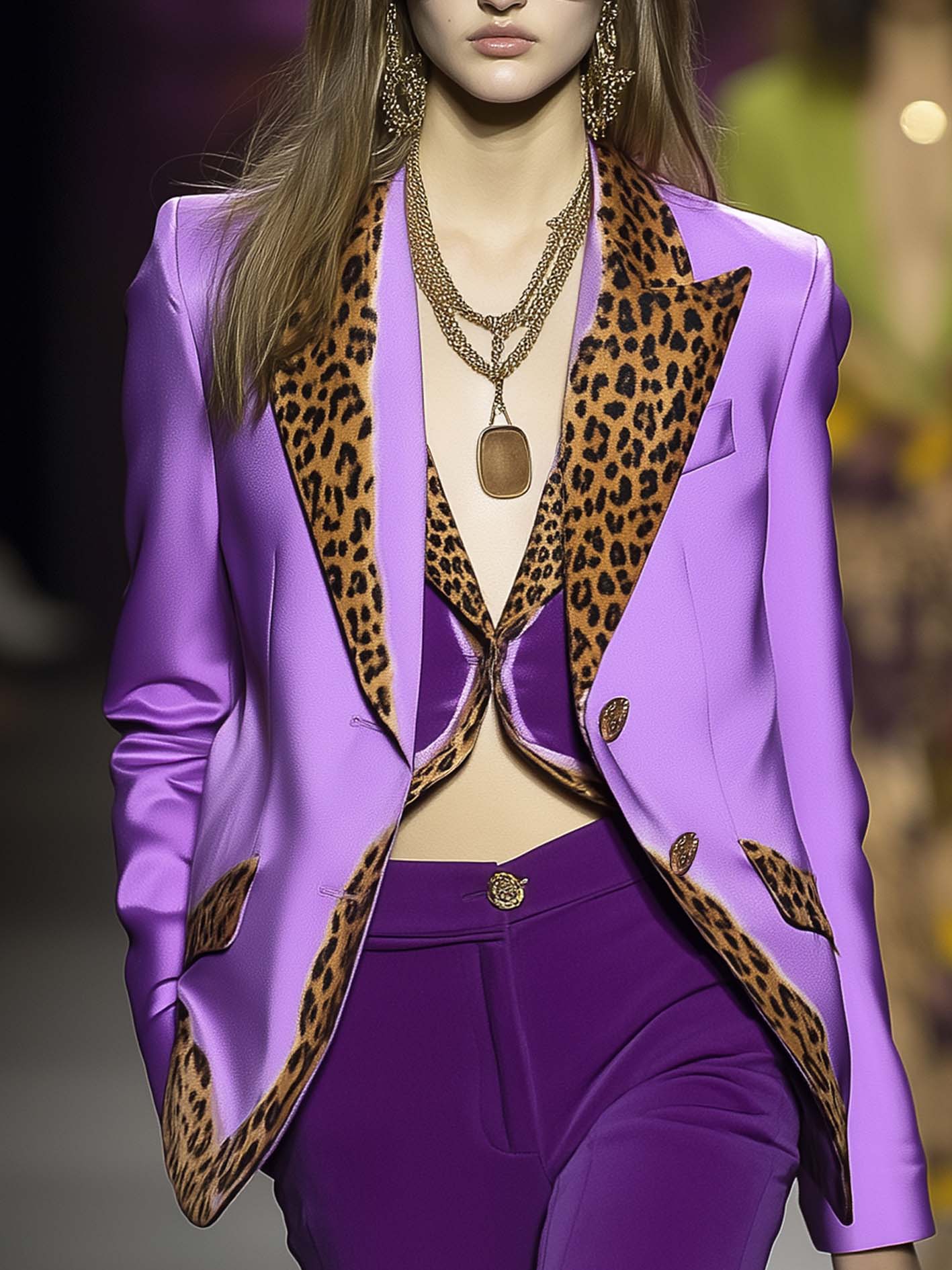 Plush Purple Satin Blazer With Leopard Print