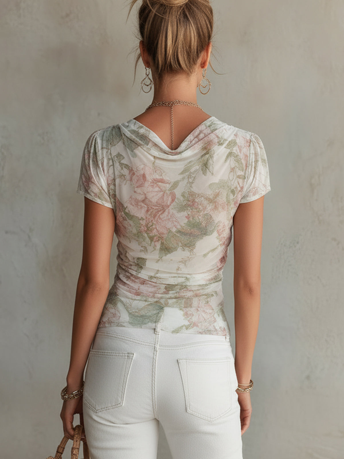 Soft Floral Draped Chiffon Ruched Top