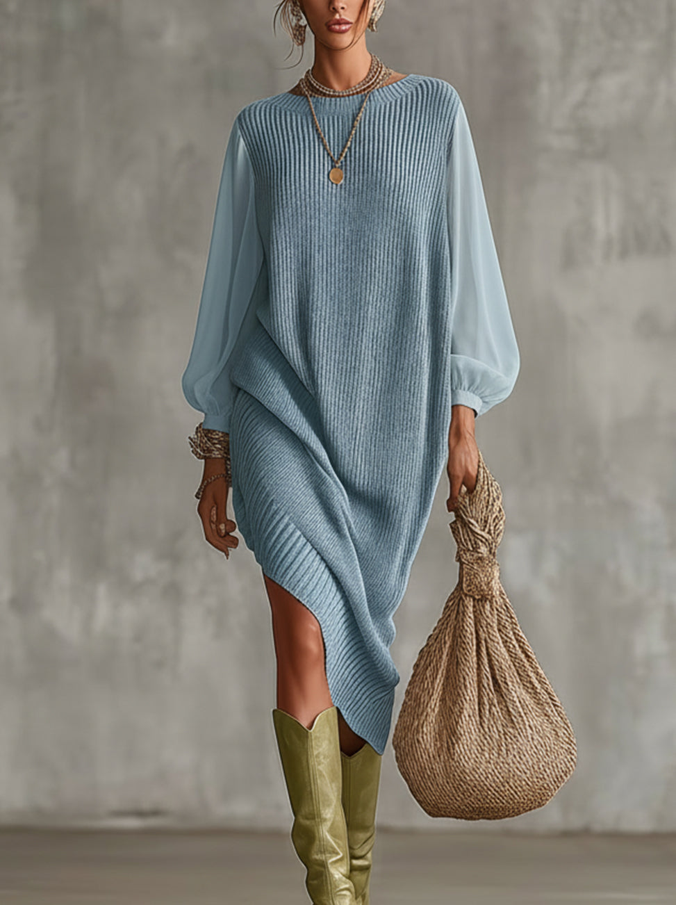 Sky Blue Knit Midi Dress With Chiffon Sleeves