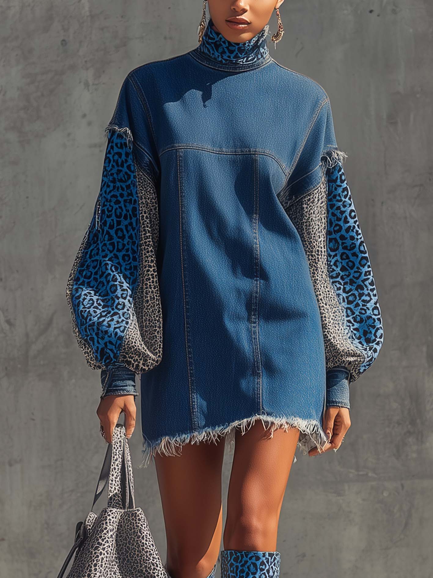 Blue Denim Mini Dress With Leopard Print Balloon Sleeves