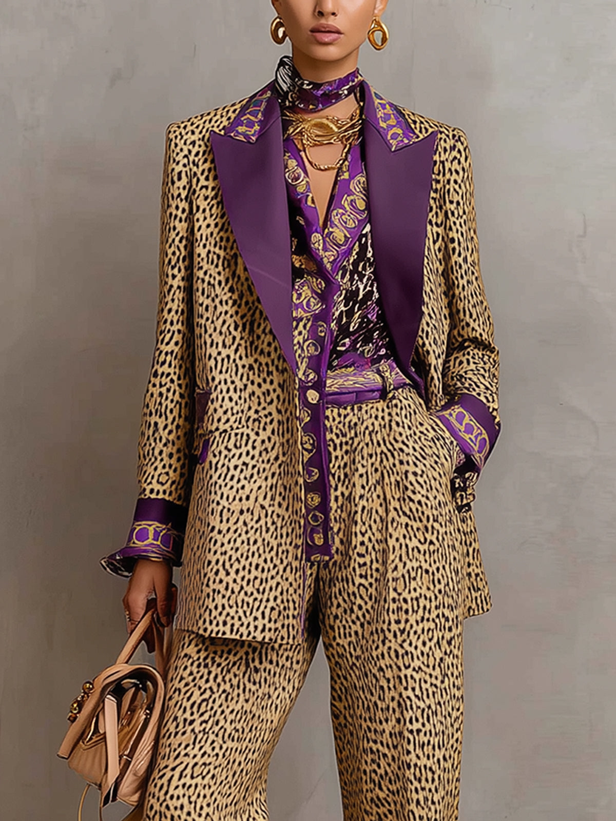 Gold Leopard Print With Purple Collar Suit