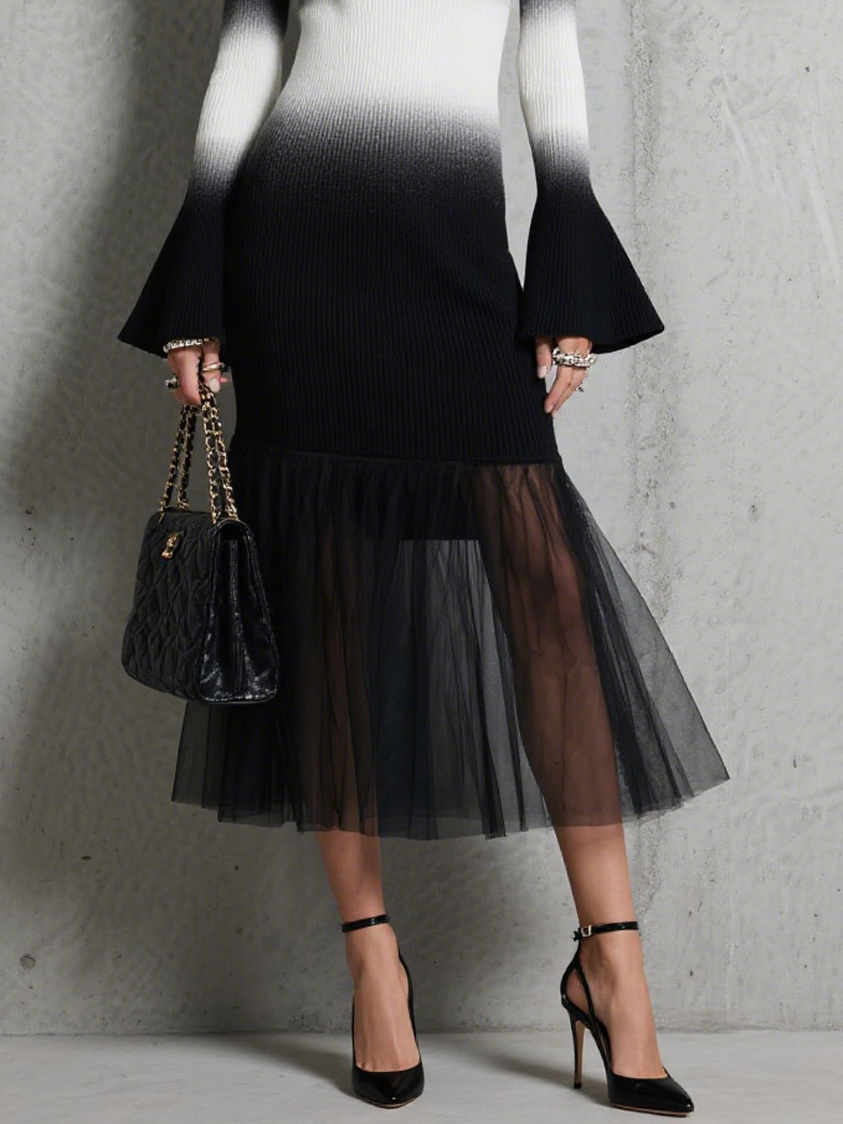 Black And White Ombre Ribbed Knit Flared Sleeve V-Neck Maxi Dress