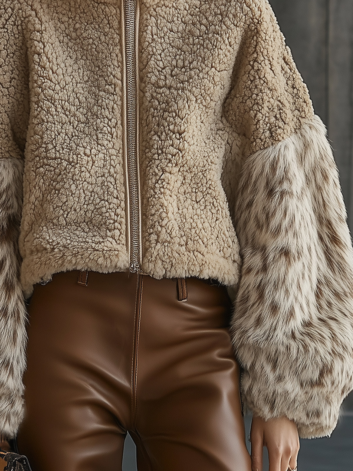 Gray Sherpa And Faux Fur Jacket