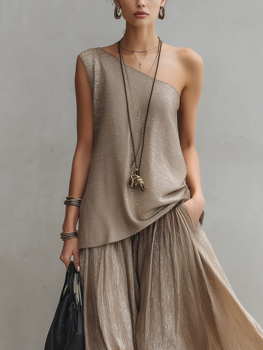 Taupe Sheen Sleeveless Loose Top And Skirt Set