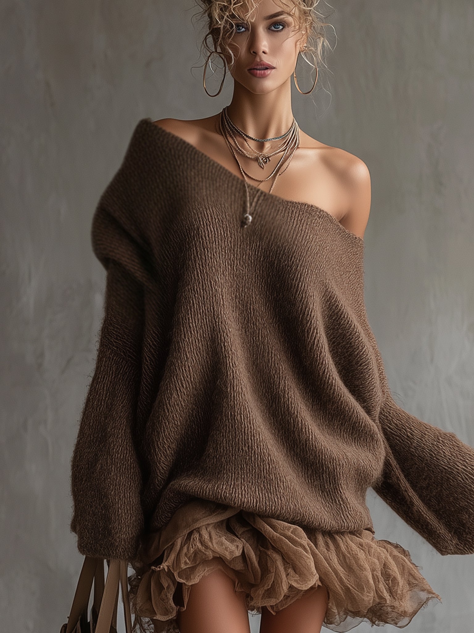 Brown Oversized Knit Dress With Chiffon Hem
