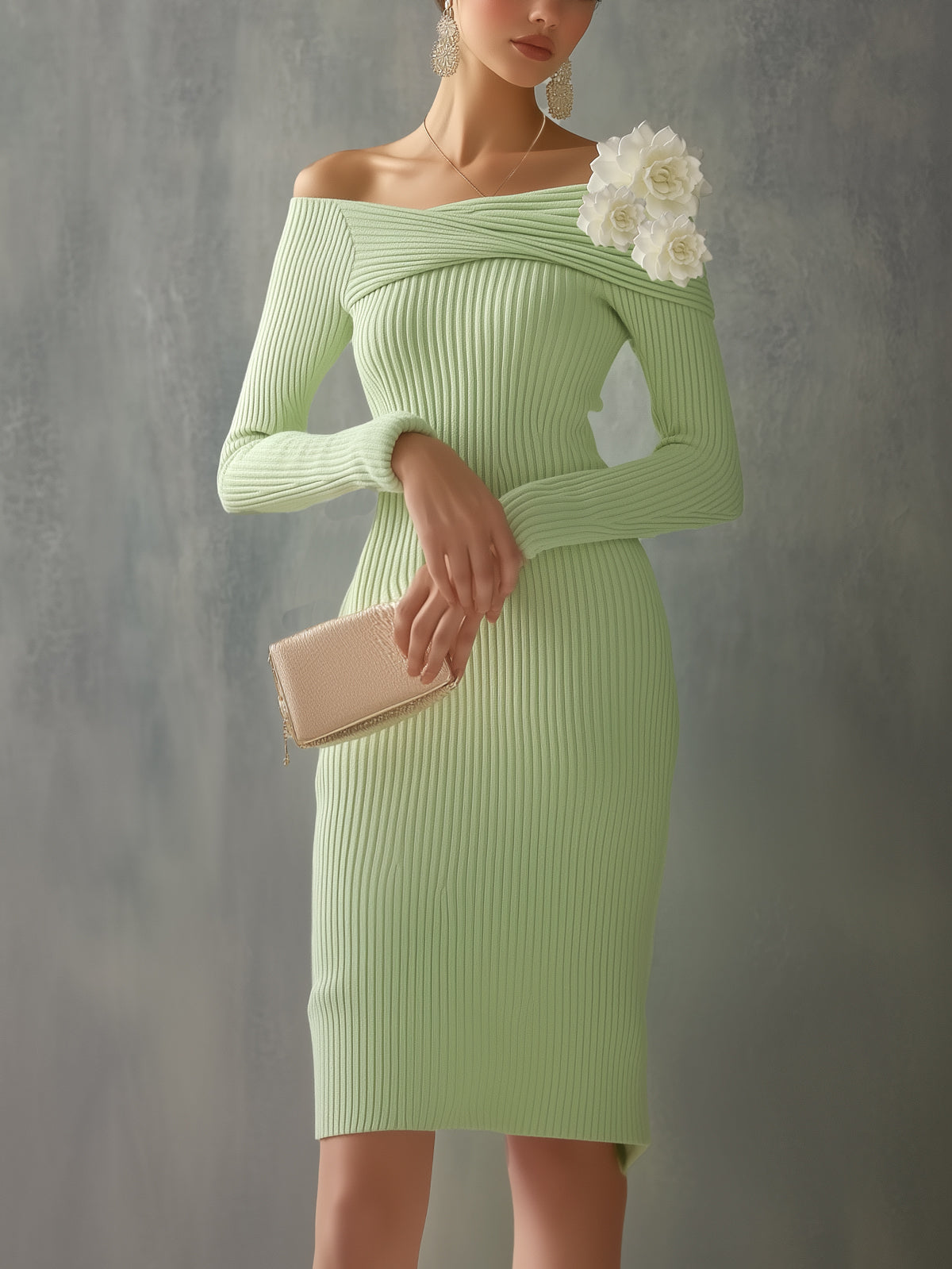 Green Ribbed Knit Off Shoulder Long Sleeve Midi Dress