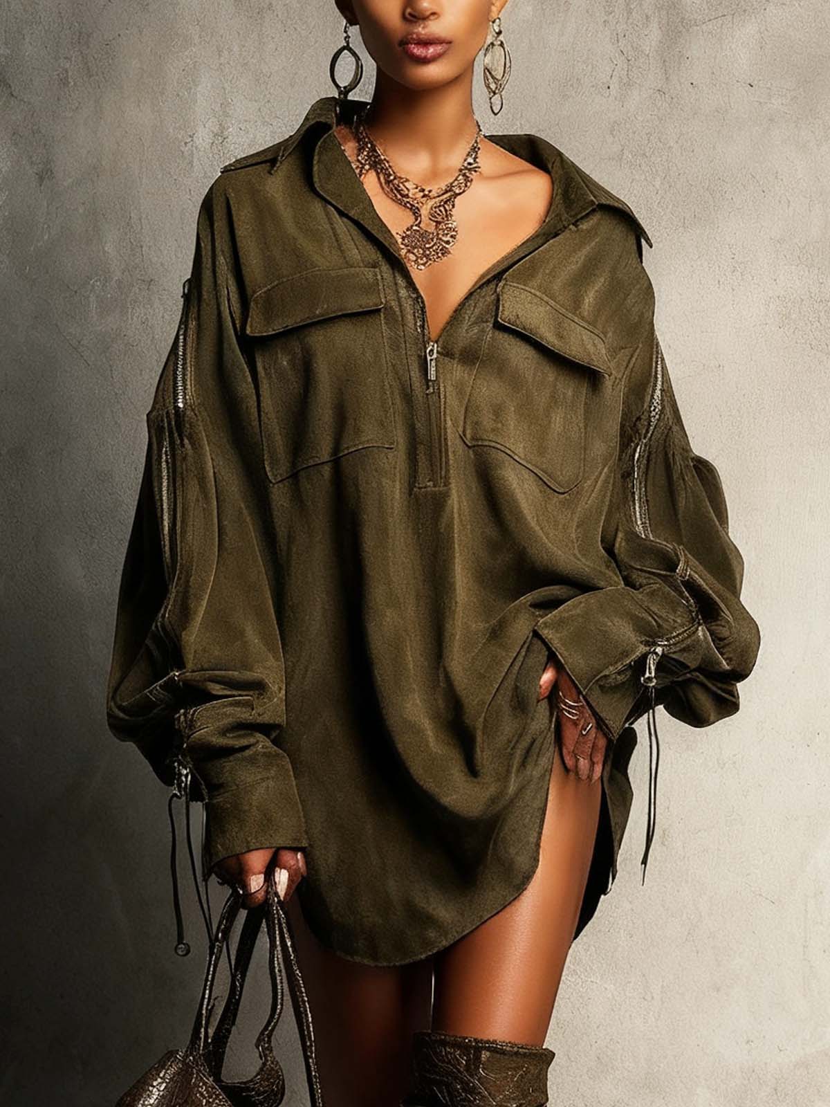 Olive Green Faux Suede Dress With Patch Pockets