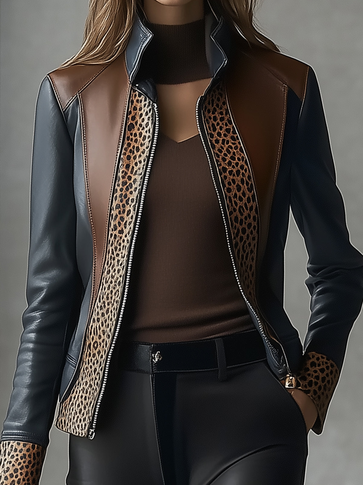 Leopard Accented Faxu Leather Jacket