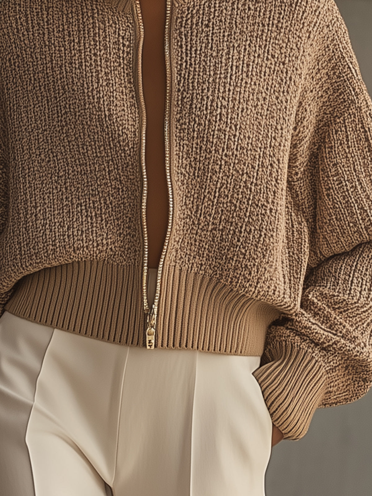 Beige Ribbed Zip-Up Knit Bomber Jacket