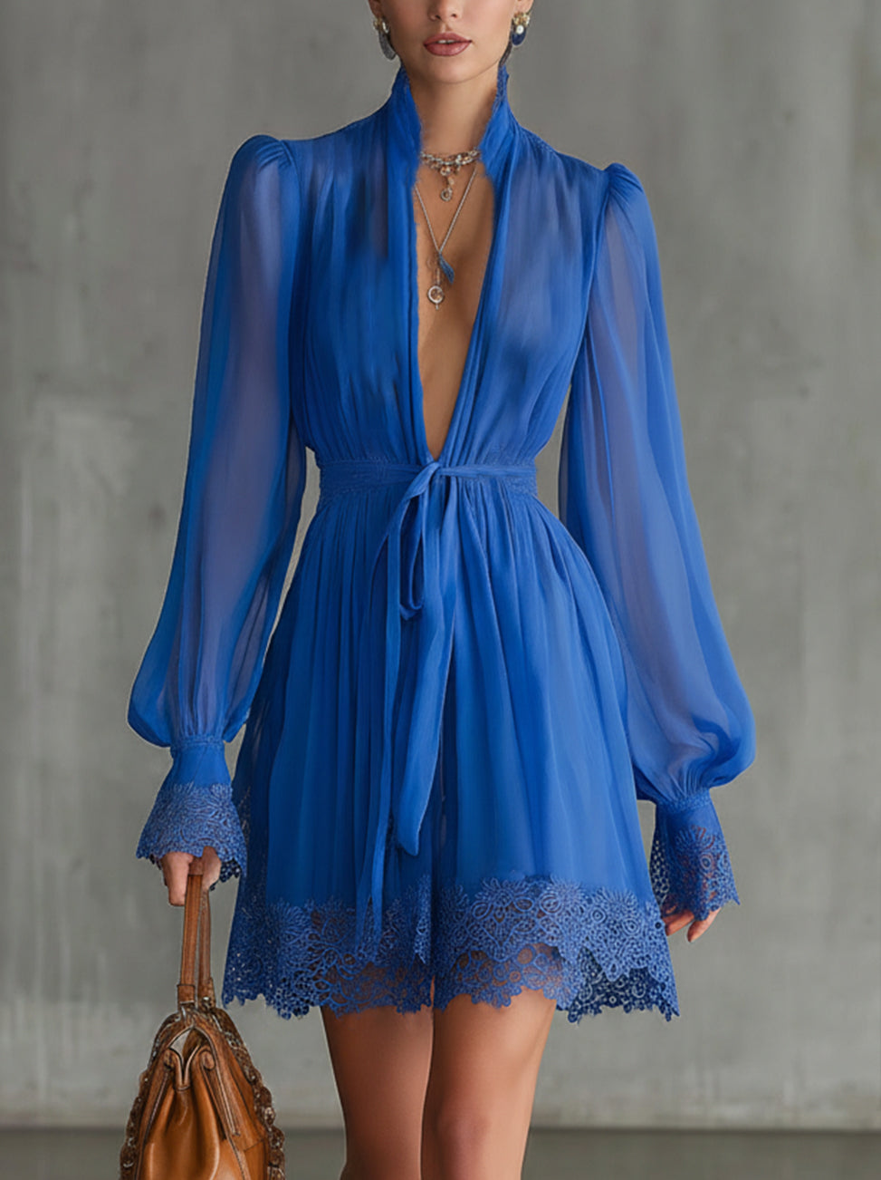 Blue Deep V-Neck Lace Trim Chiffon Mini Dress