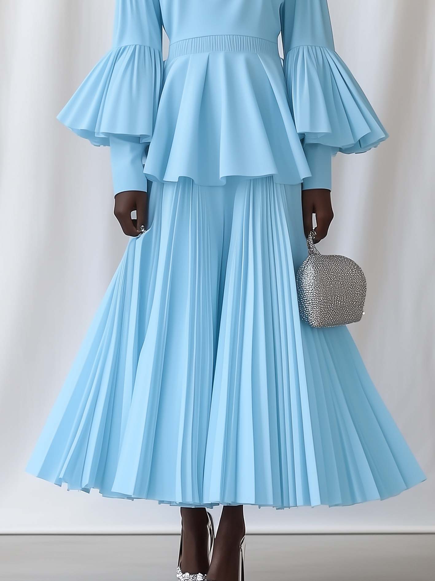 Pleated Blue Maxi Dress With Ruffles