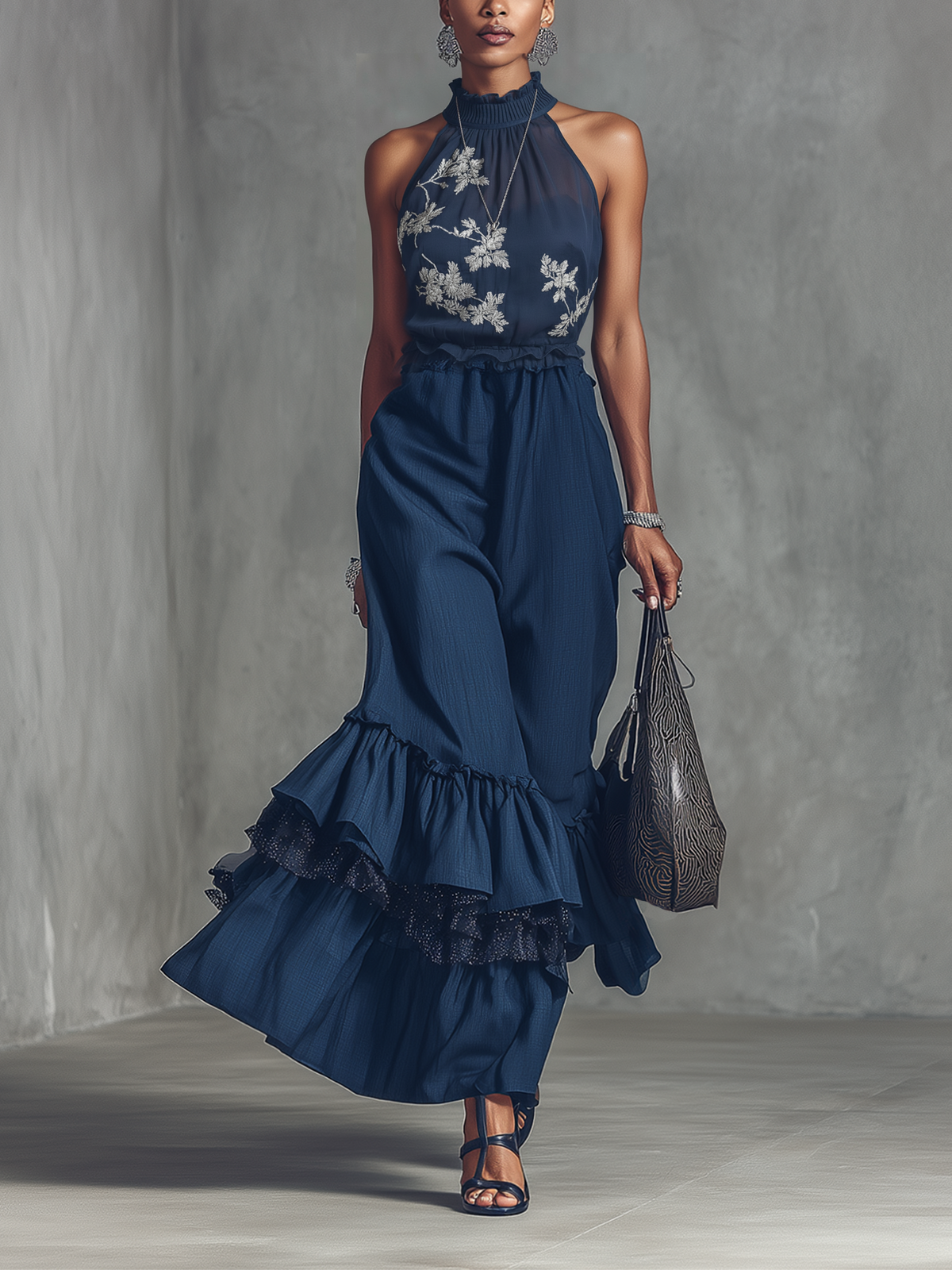 Midnight Blue Embroidered Chiffon Halter Ruffle Maxi Dress