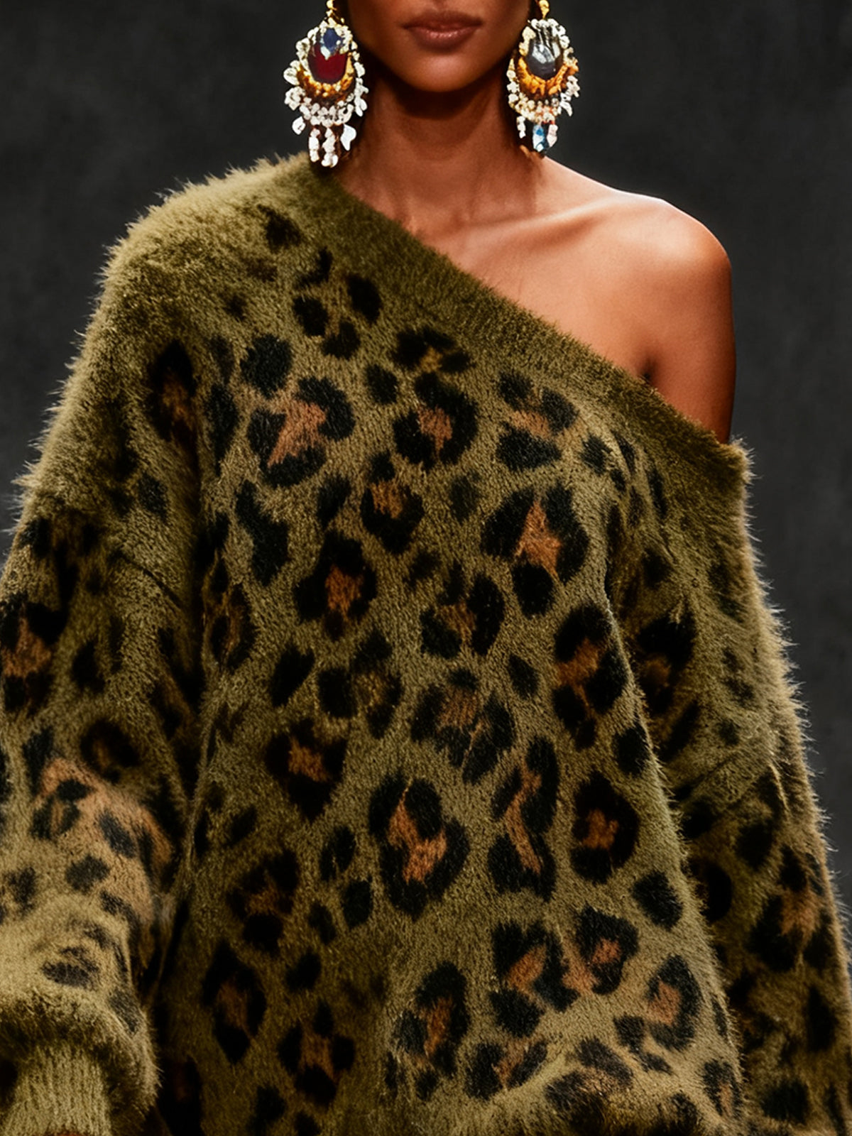 Olive Leopard Print Off-Shoulder Fuzzy Sweater Mini Dress