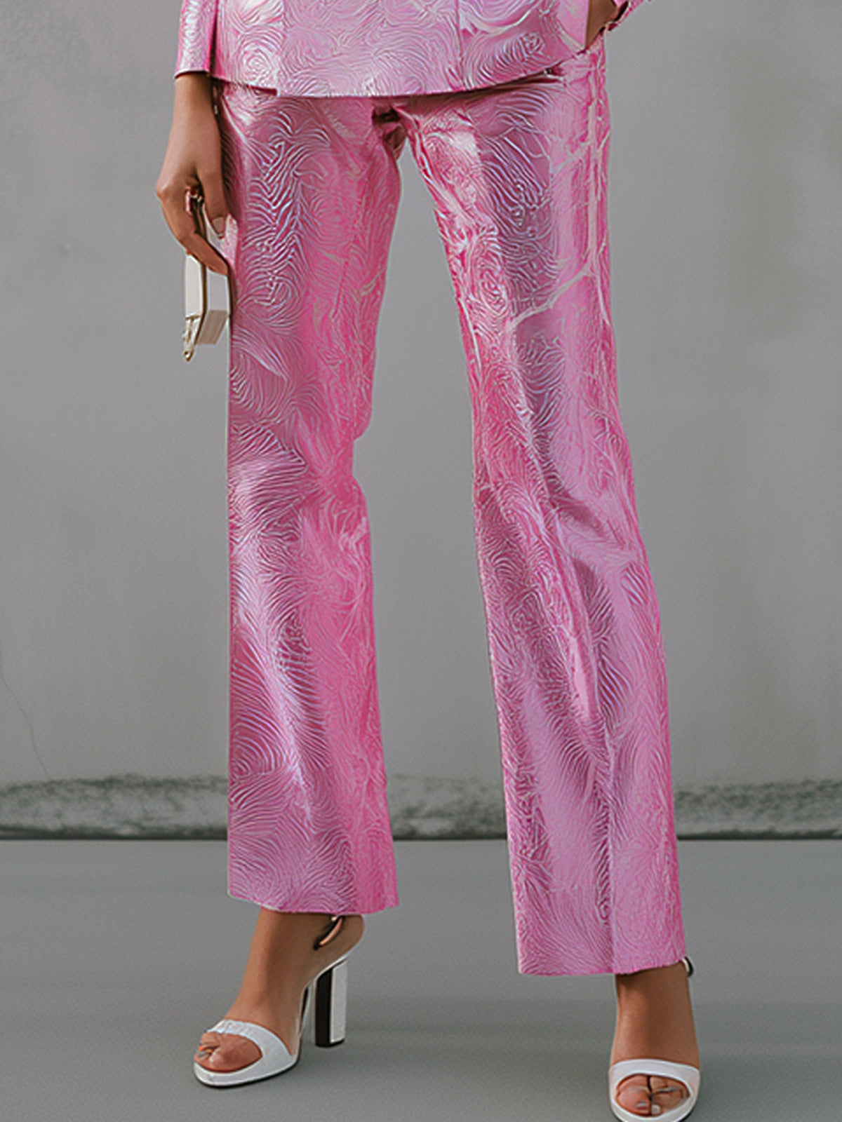 Pink Satin Print With White Collar Suit