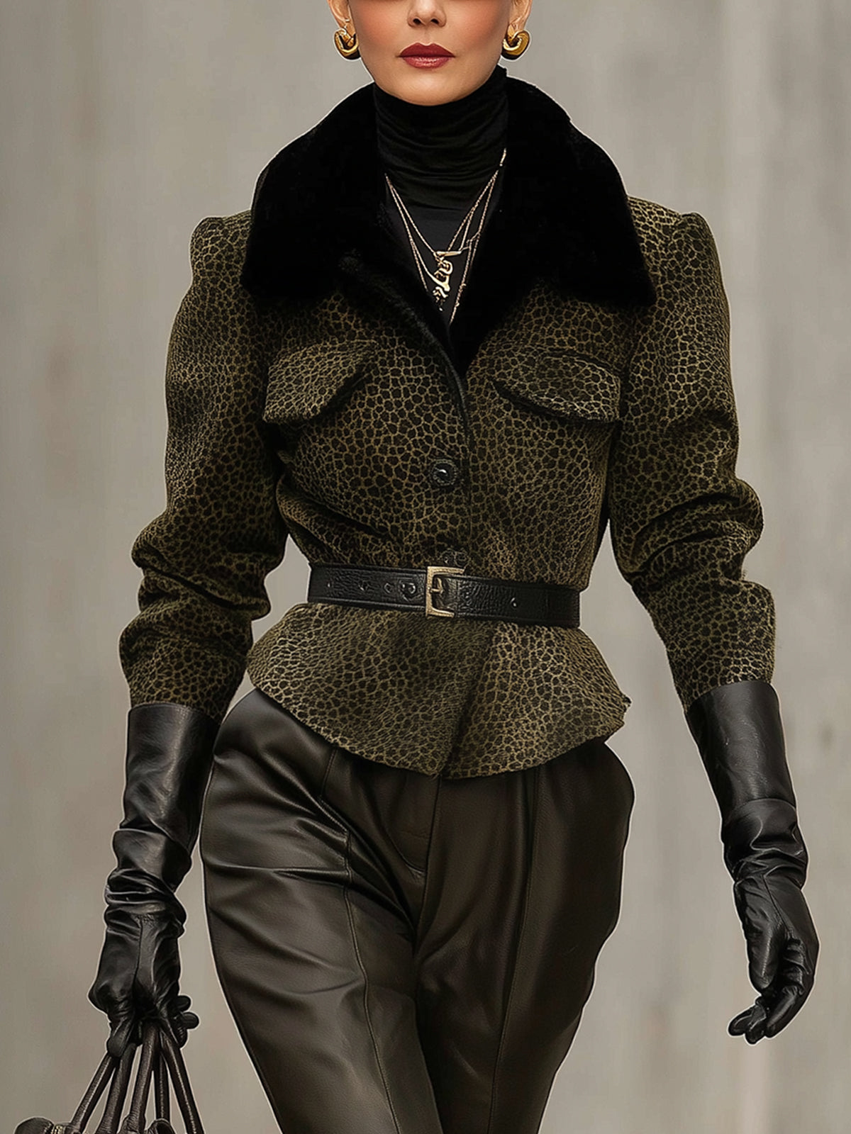 Dark Green Leopard Print Wool Blend Velvet Collar Belted Jacket