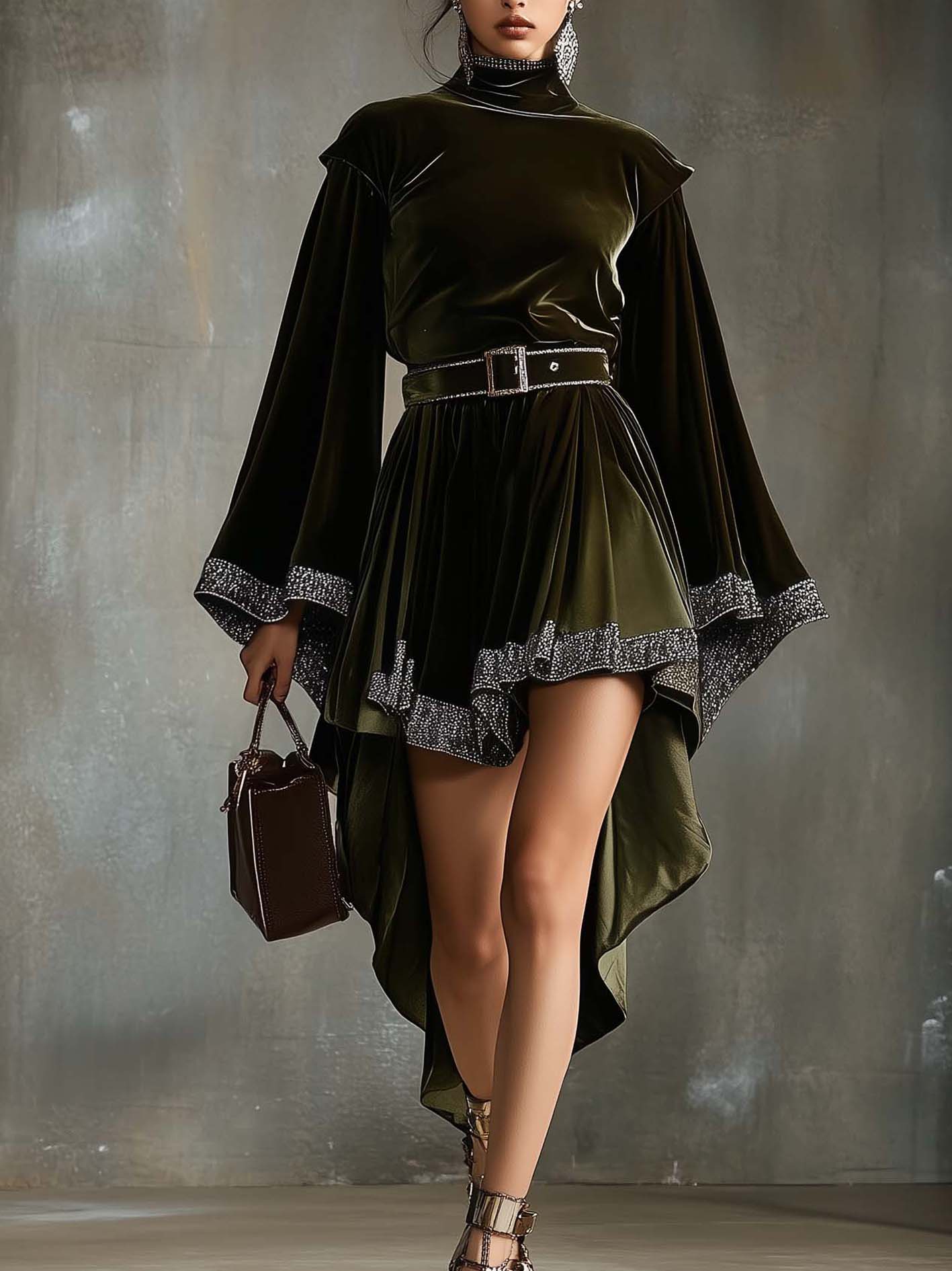 Olive Green Velvet Mini Dress With Stylish Webbing And Belt