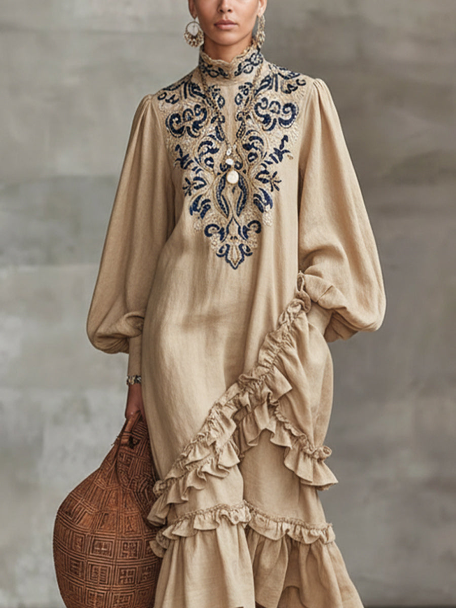Khaki Embroidered Linen Blend Ruffle Maxi Dress