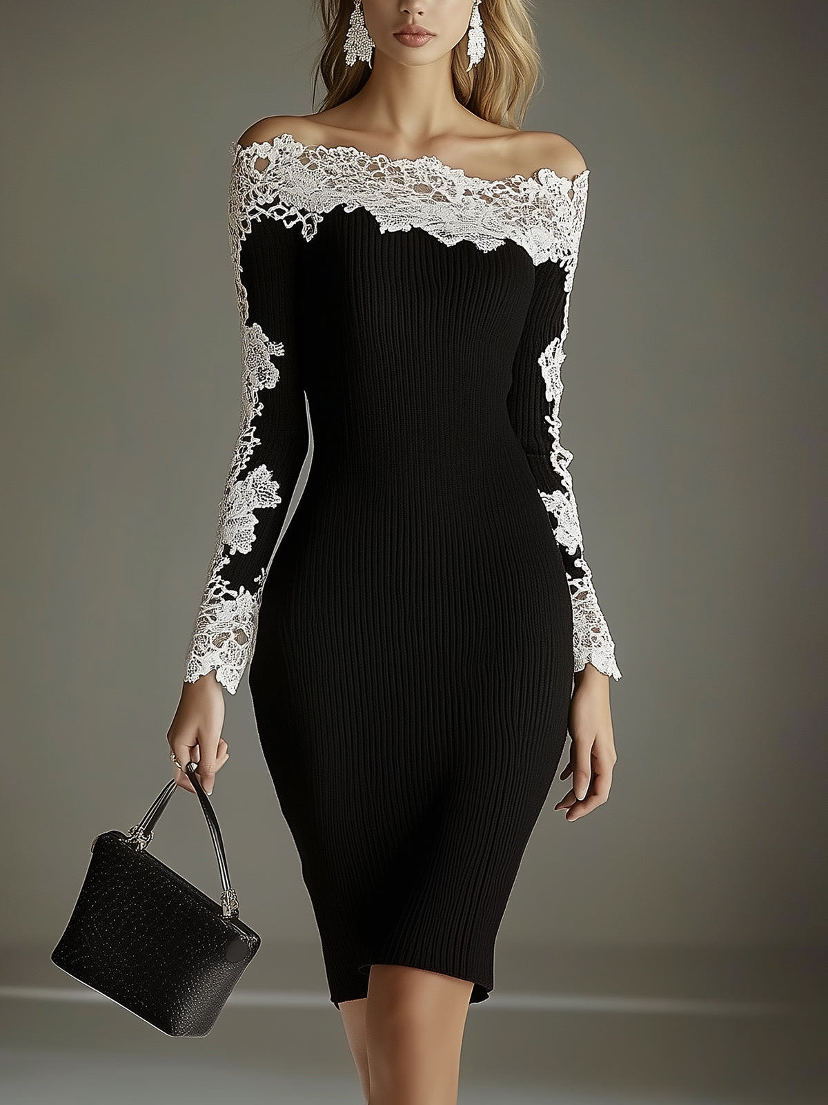 Black Knit Off Shoulder Dress With White Lace Accents
