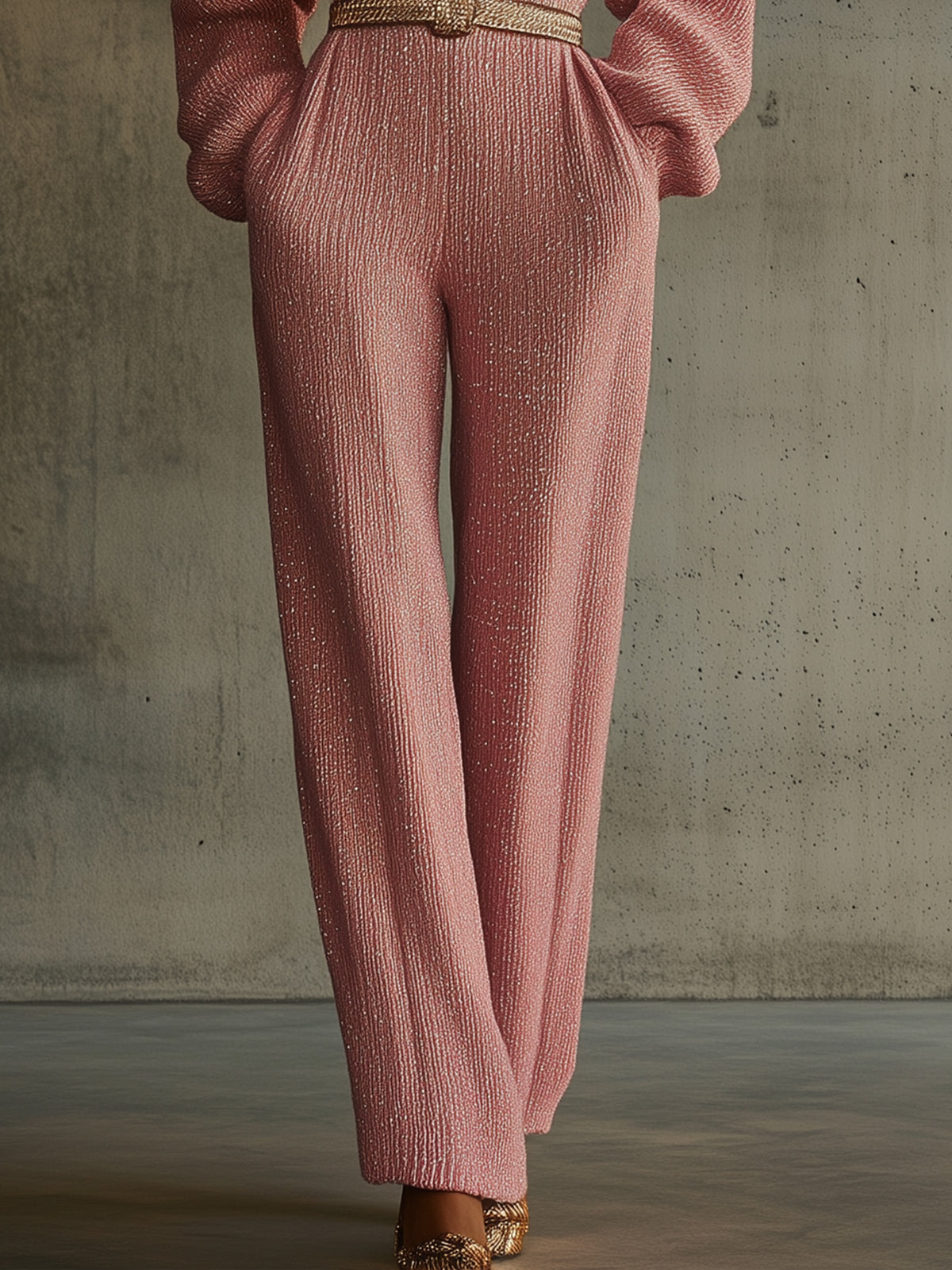 Pink Sparkling Zip-Up Turtleneck Jumpsuit