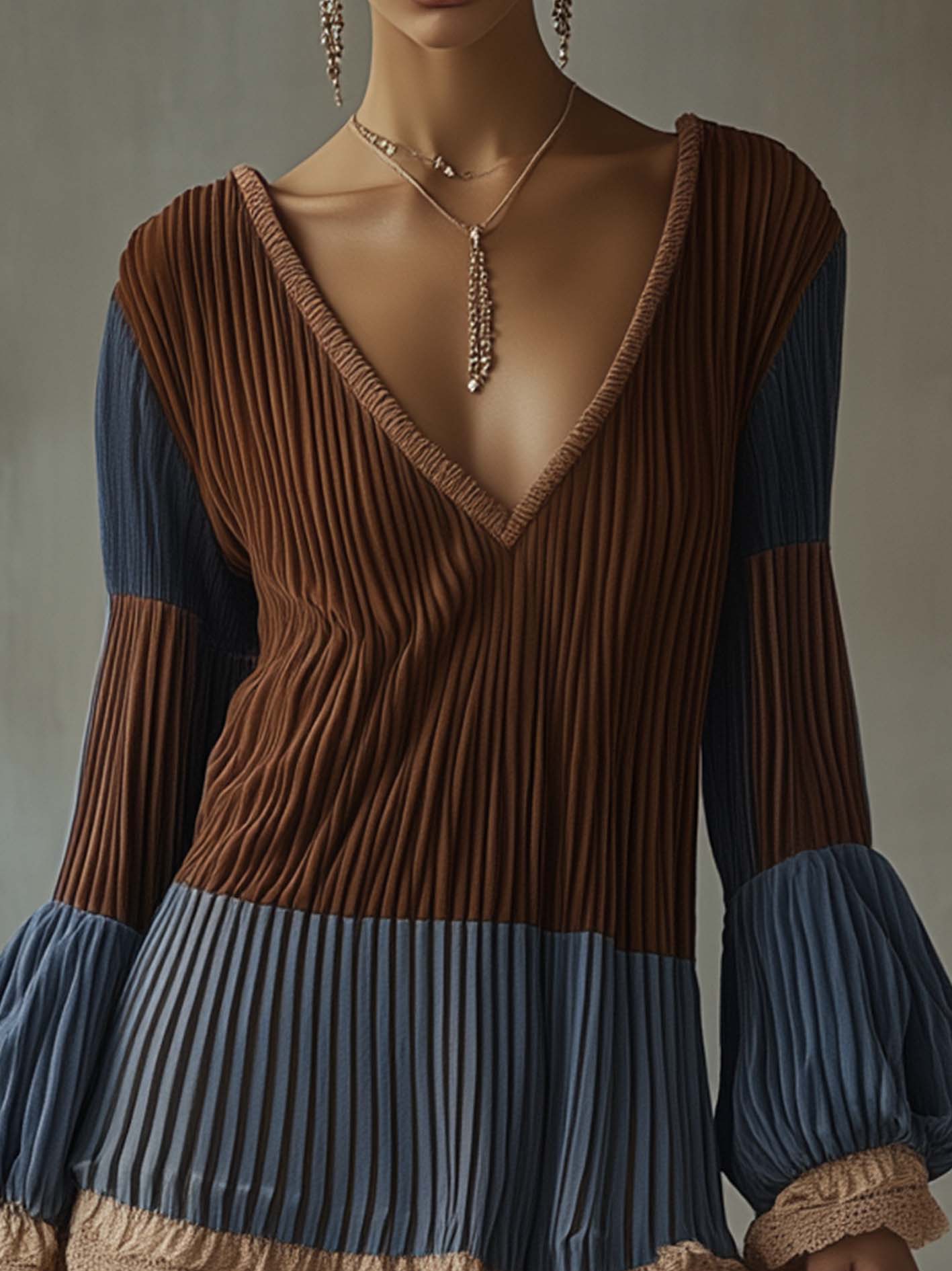 Brown Corduroy Mini Dress With Lace Trim And Dark Blue Color Blocking