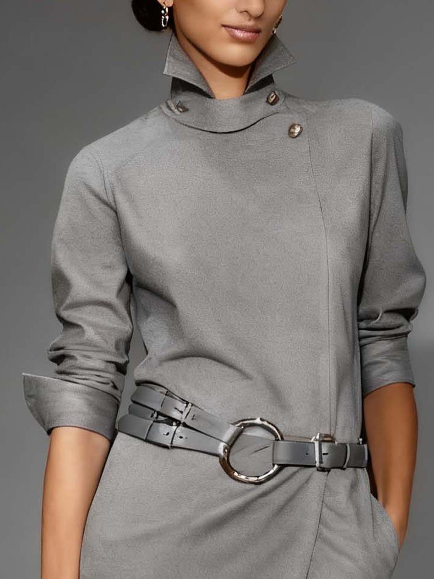 Gray Faux Suede Mini Dress With Three-quarter Sleeves And Belt