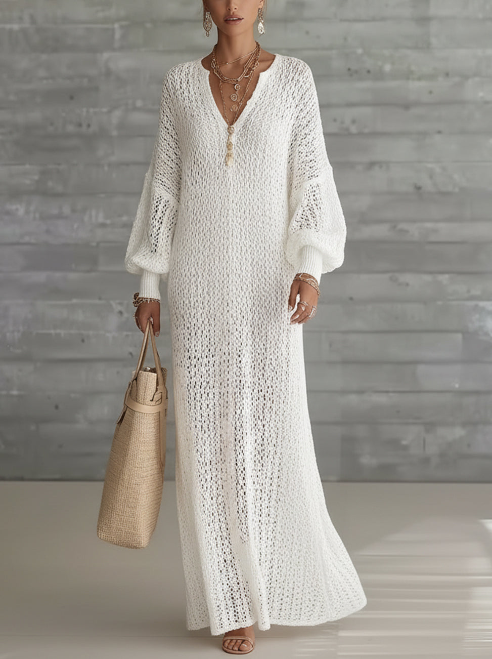 White Crochet Long-Sleeve V-Neck Maxi Dress
