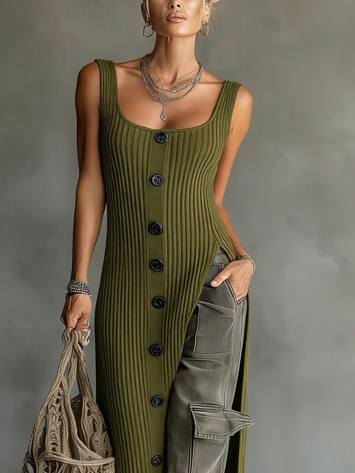Green Ribbed Knit Button‑Front Long Vest Dress