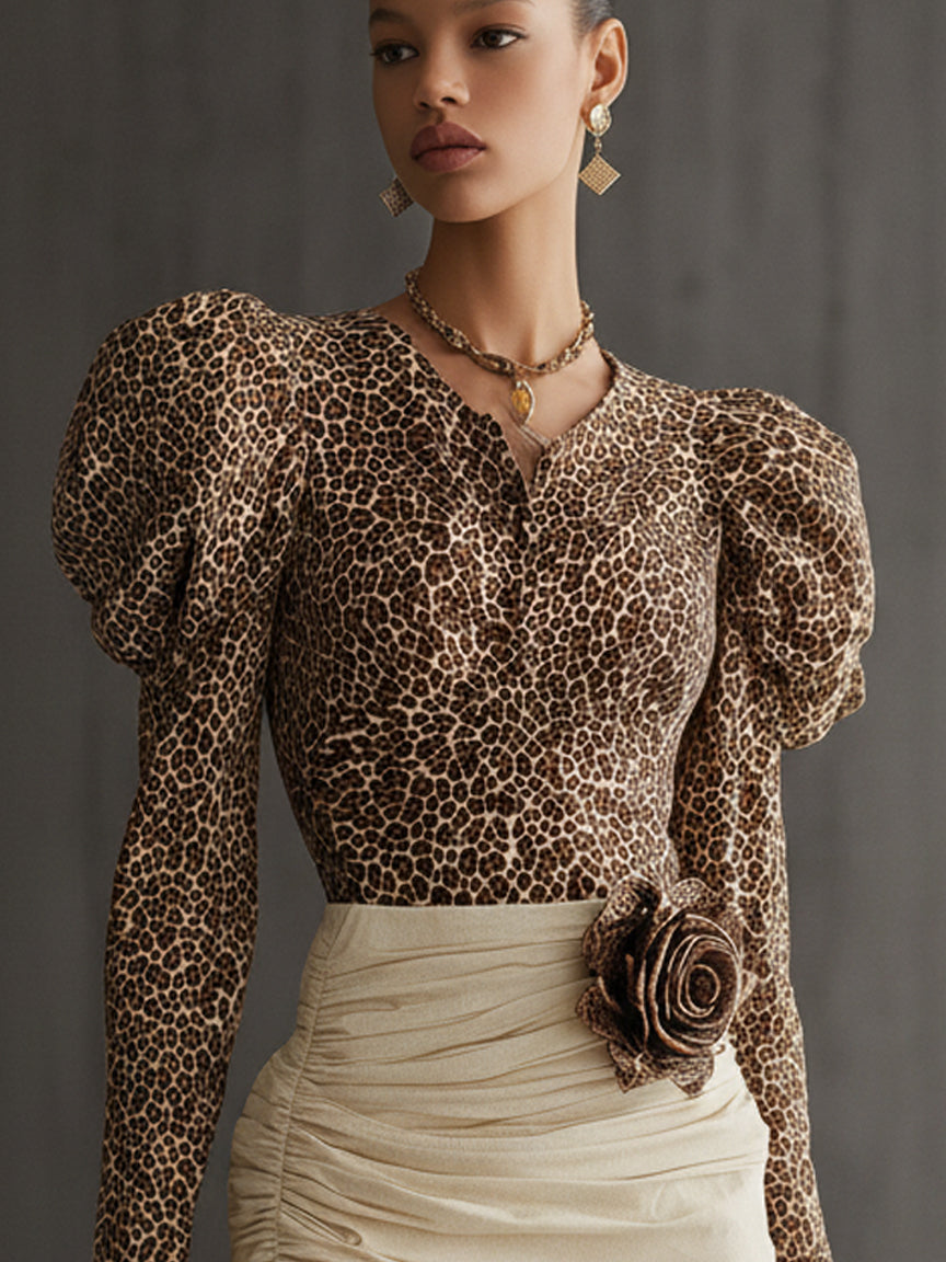 Brown Leopard Print Puff Sleeve Top With Cream Pleated Skirt Set