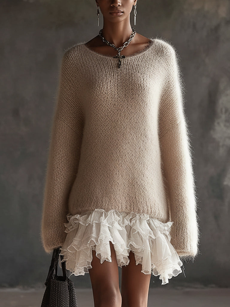 Beige Mohair Knit Open Back Mini Dress With Chiffon Ruffle Hem