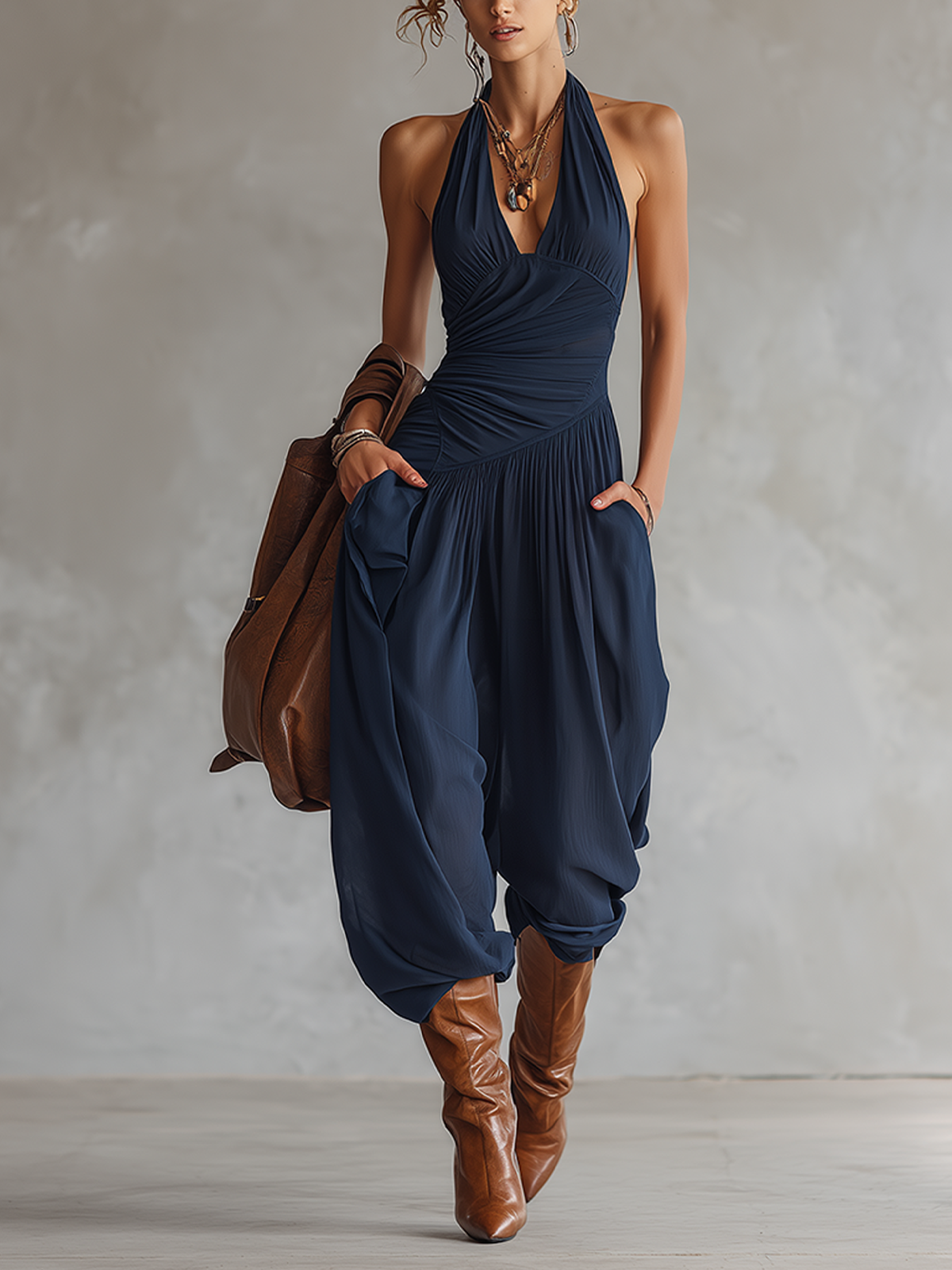Midnight Blue Backless Chiffon Jumpsuit