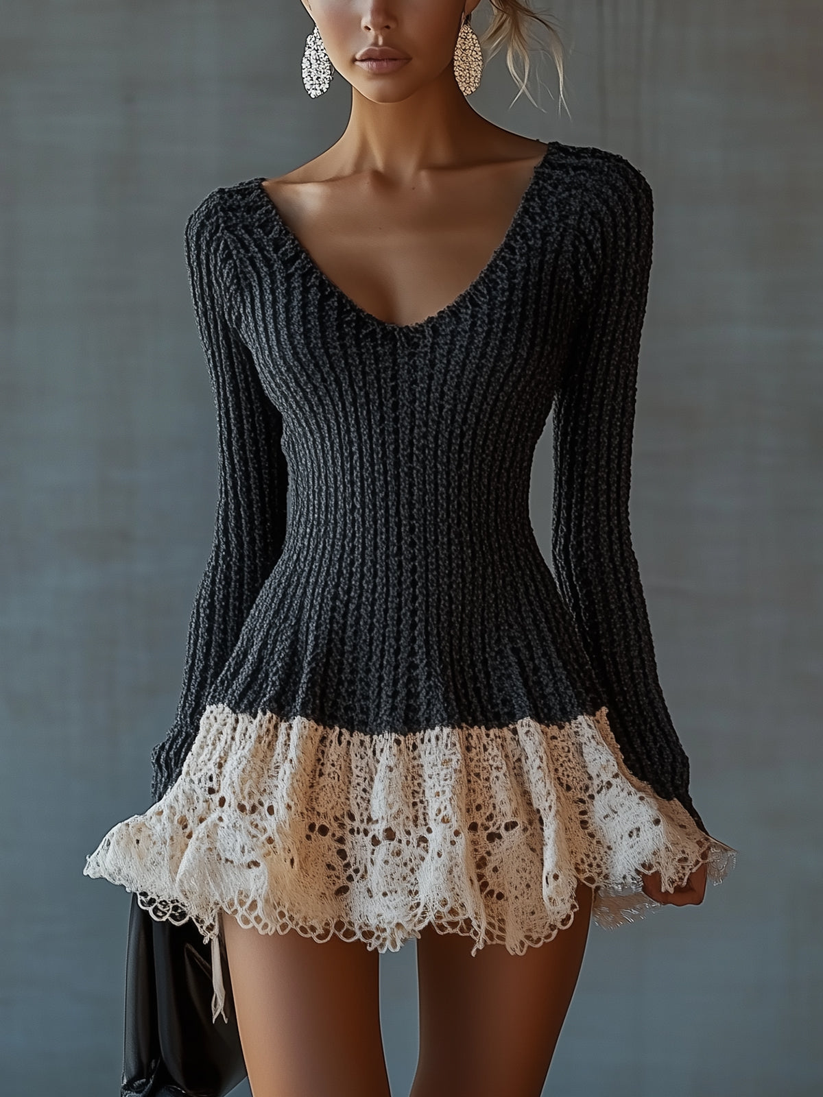 Black Chic Knit And Lace Contrast Dress