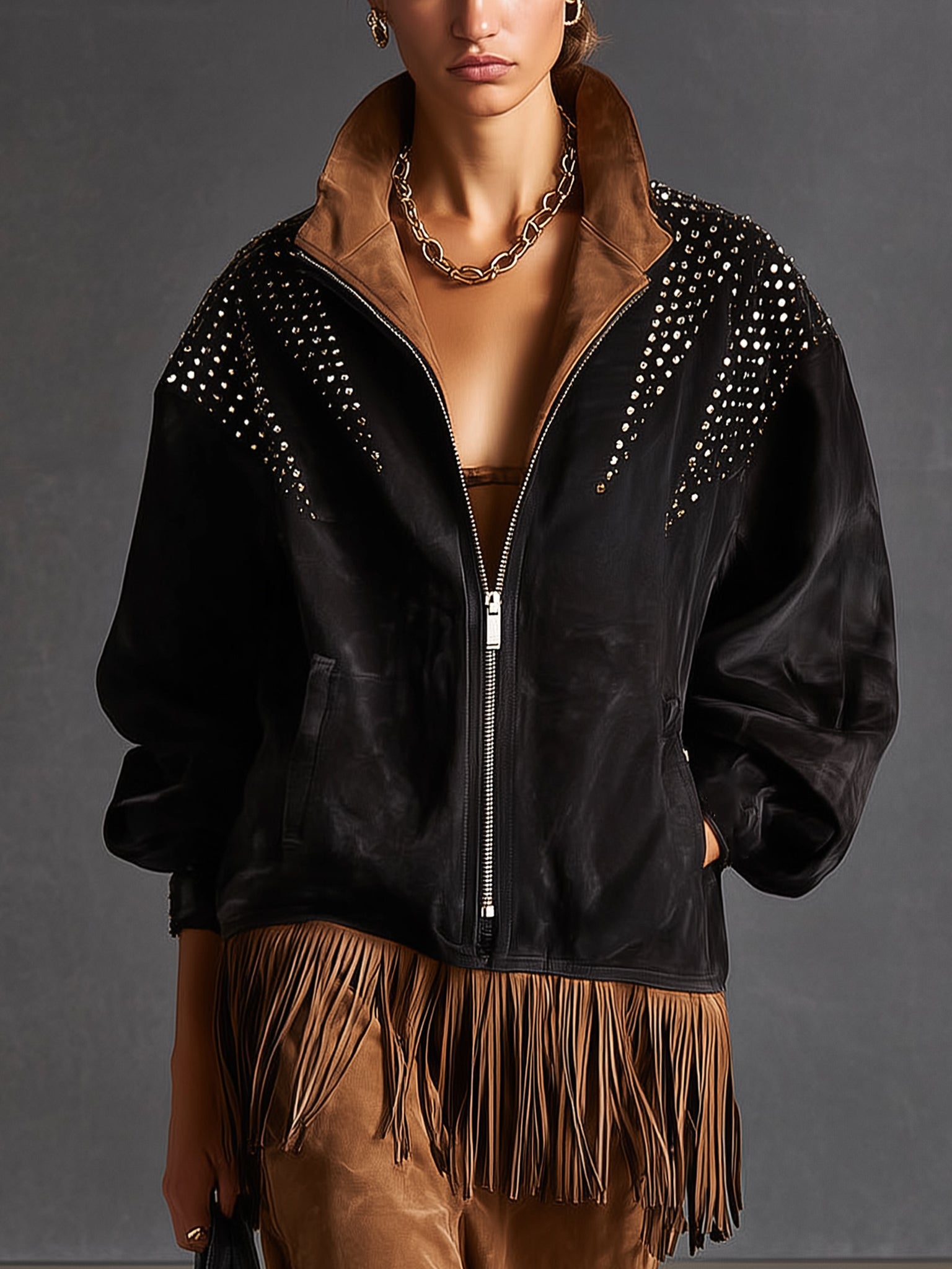 Black Washed Distressed Faux Suede Long Sleeve Jacket With Rhinestone Fringe