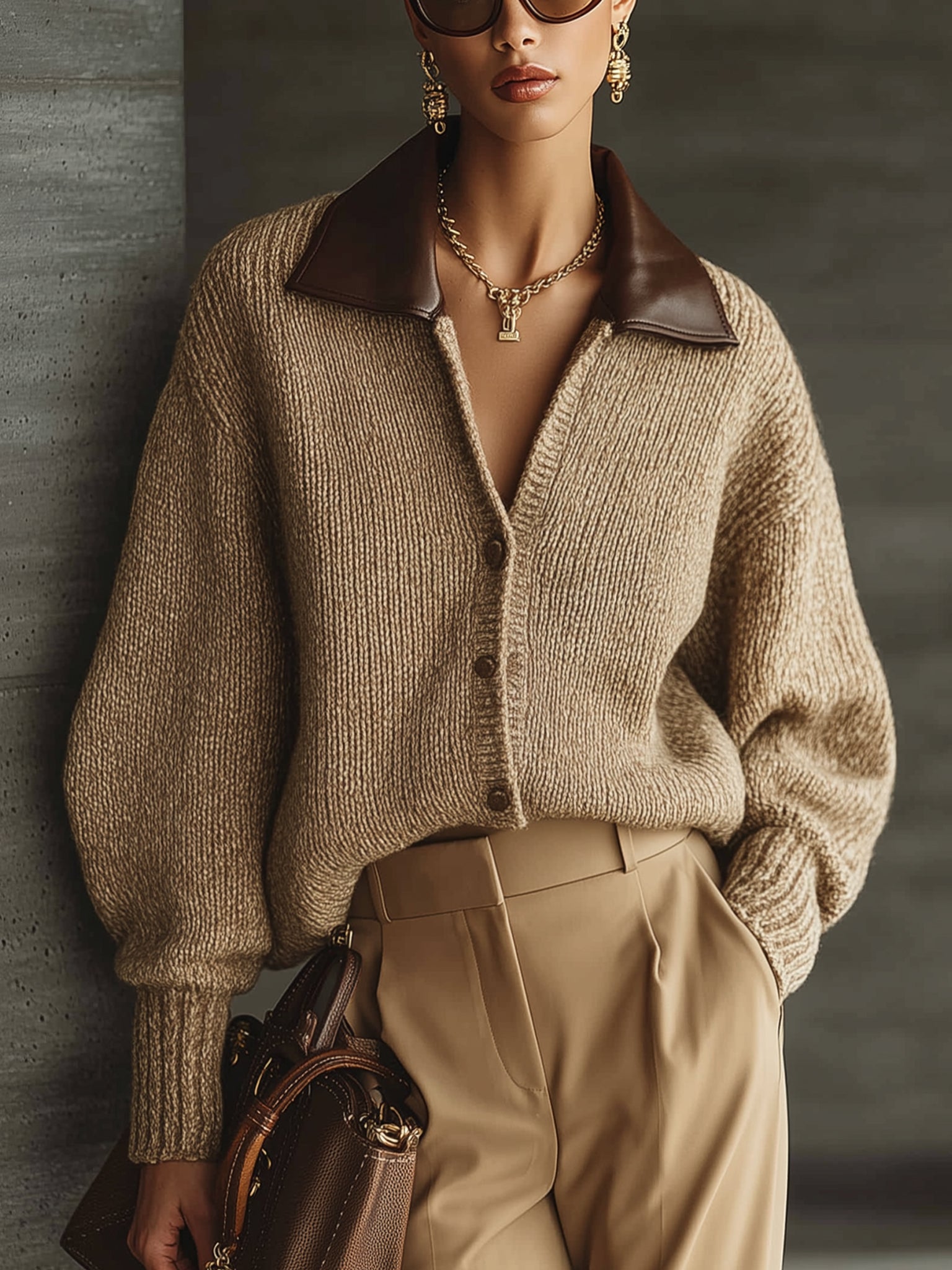 Camel Knit Cardigan With Faux Leather Collar