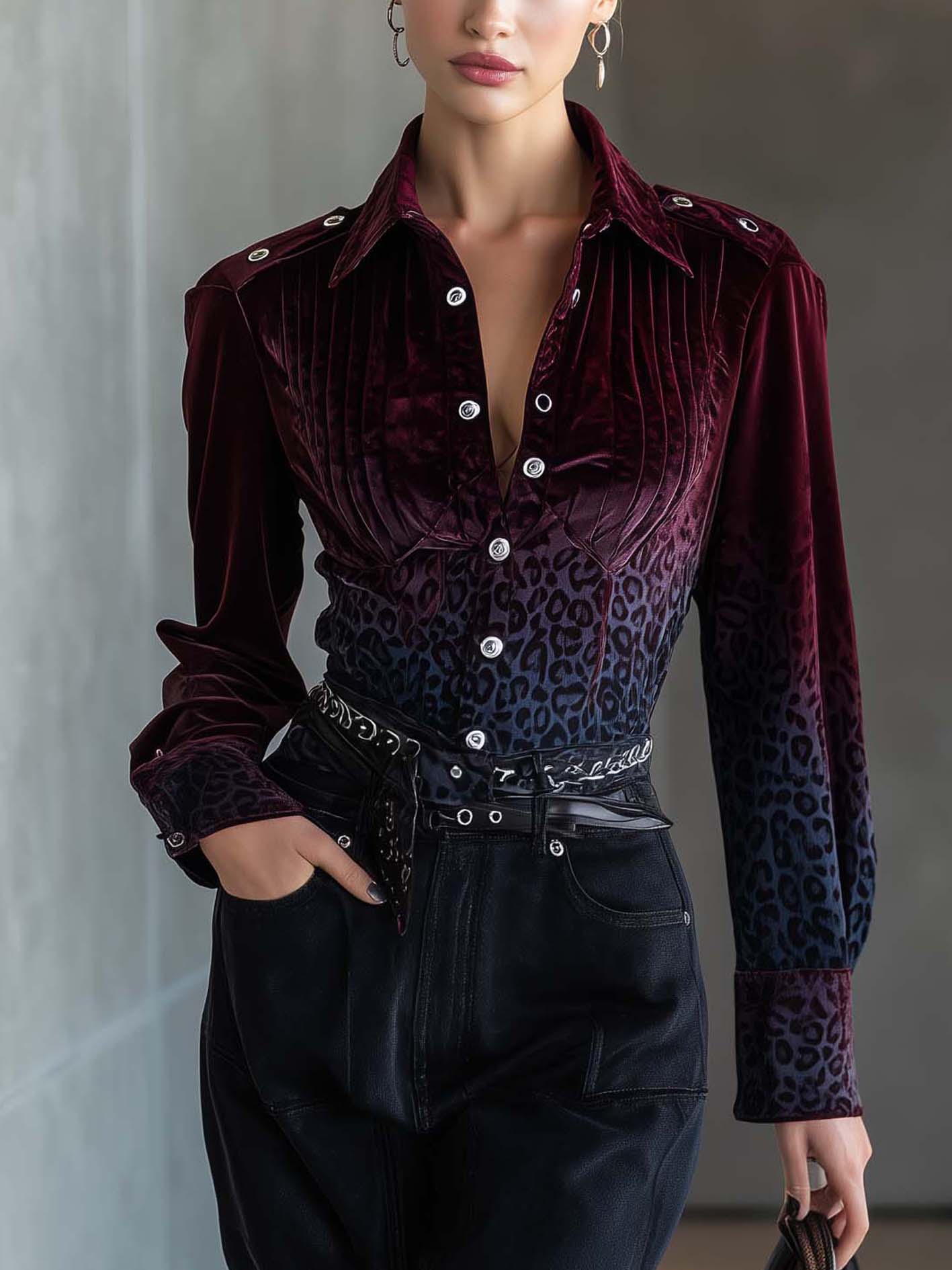 Red Velvet Gradient Blue Leopard Print Blouse